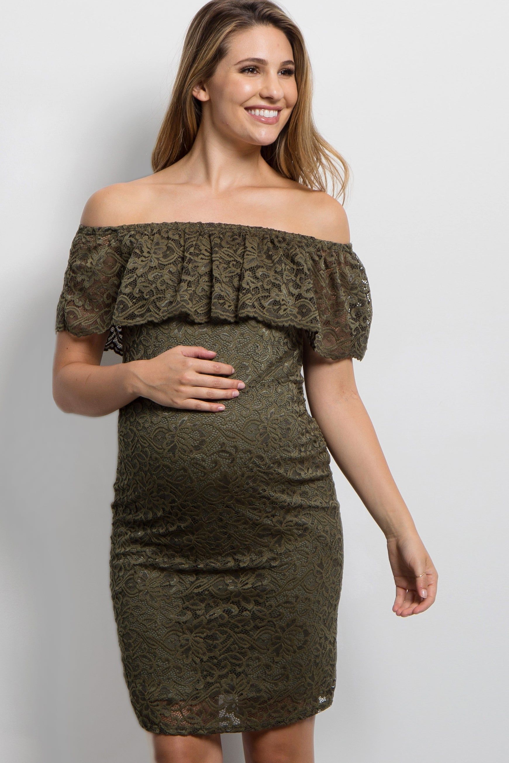 PinkBlush Olive Lace Off Shoulder Fitted Maternity Dress sold by Pinkblush