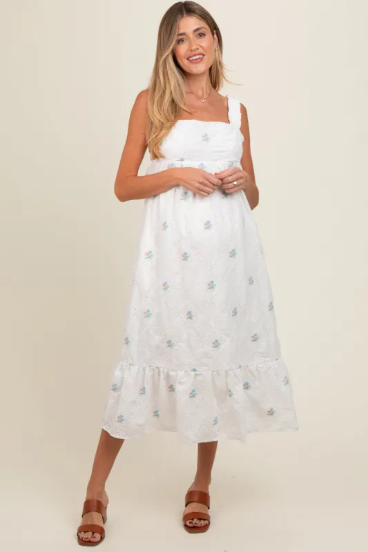 White Eyelet Floral Embroidered Back Tie Cutout Maternity Midi Dress sold by Pinkblush