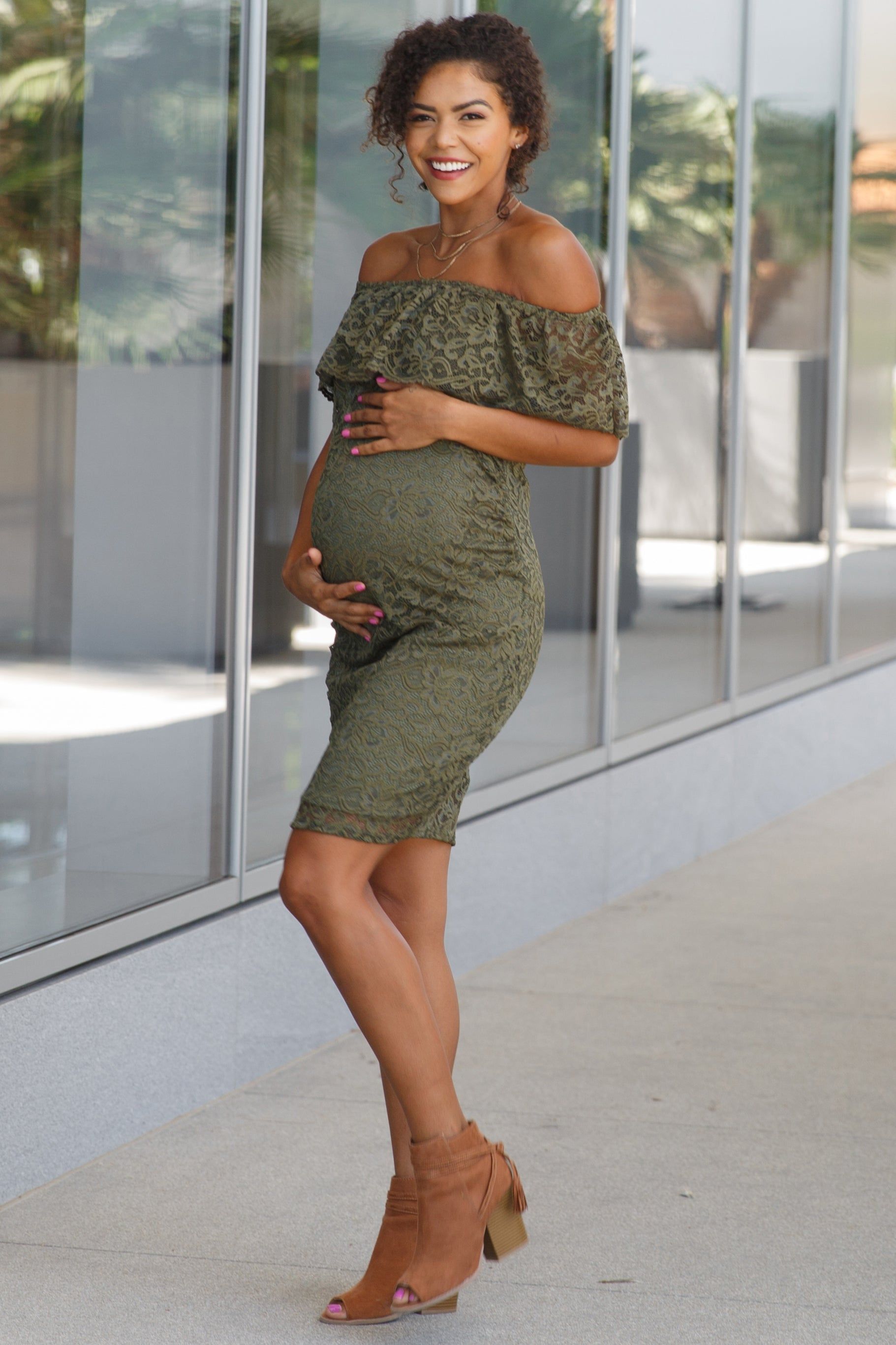 PinkBlush Olive Lace Off Shoulder Fitted Maternity Dress sold by Pinkblush product image thumbnail 4