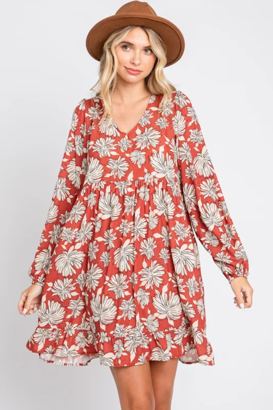 Rust Floral V-Neck Long Sleeve Dress sold by Pinkblush