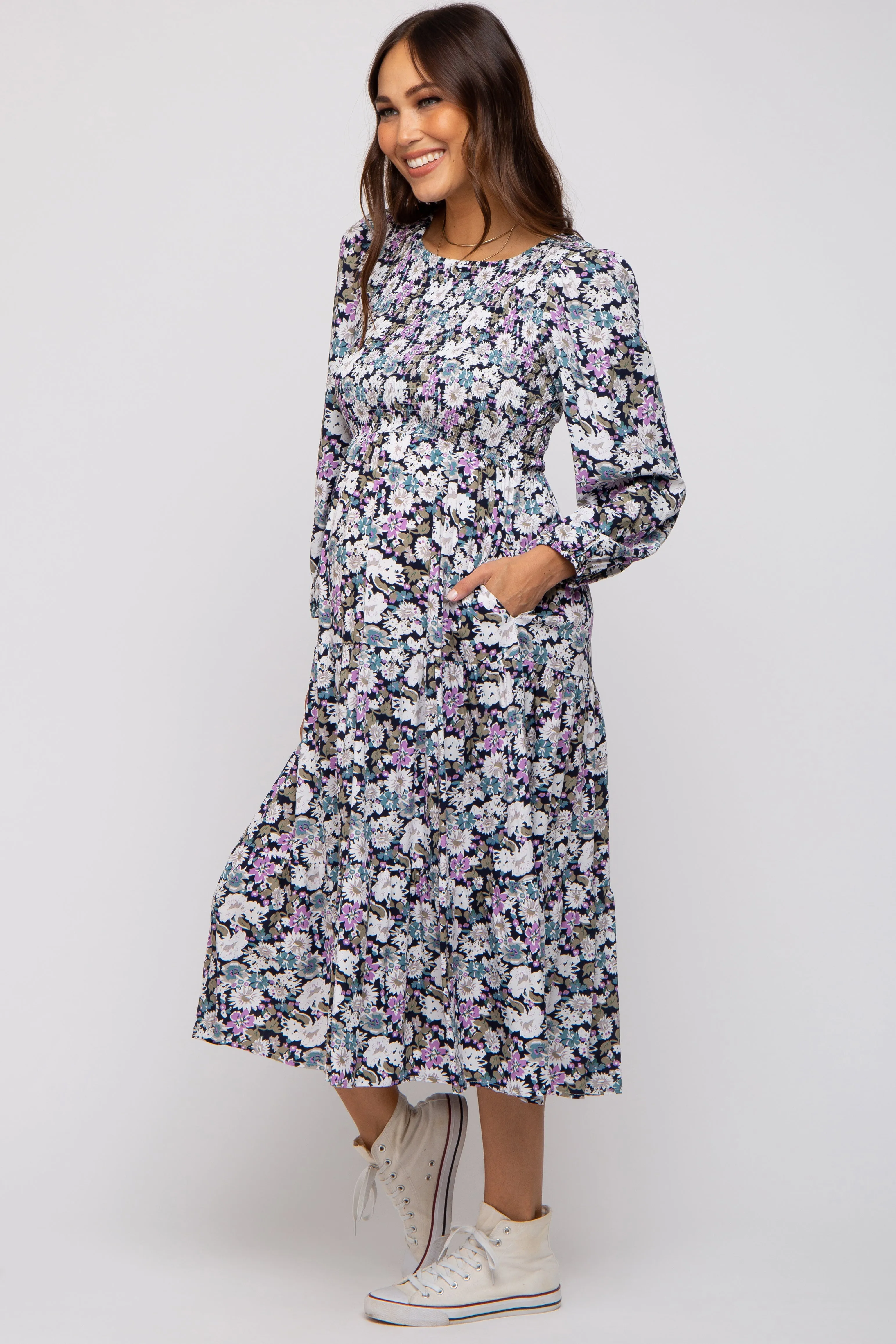 Black Floral Smocked Tiered Maternity Midi Dress sold by Pinkblush product image thumbnail 3