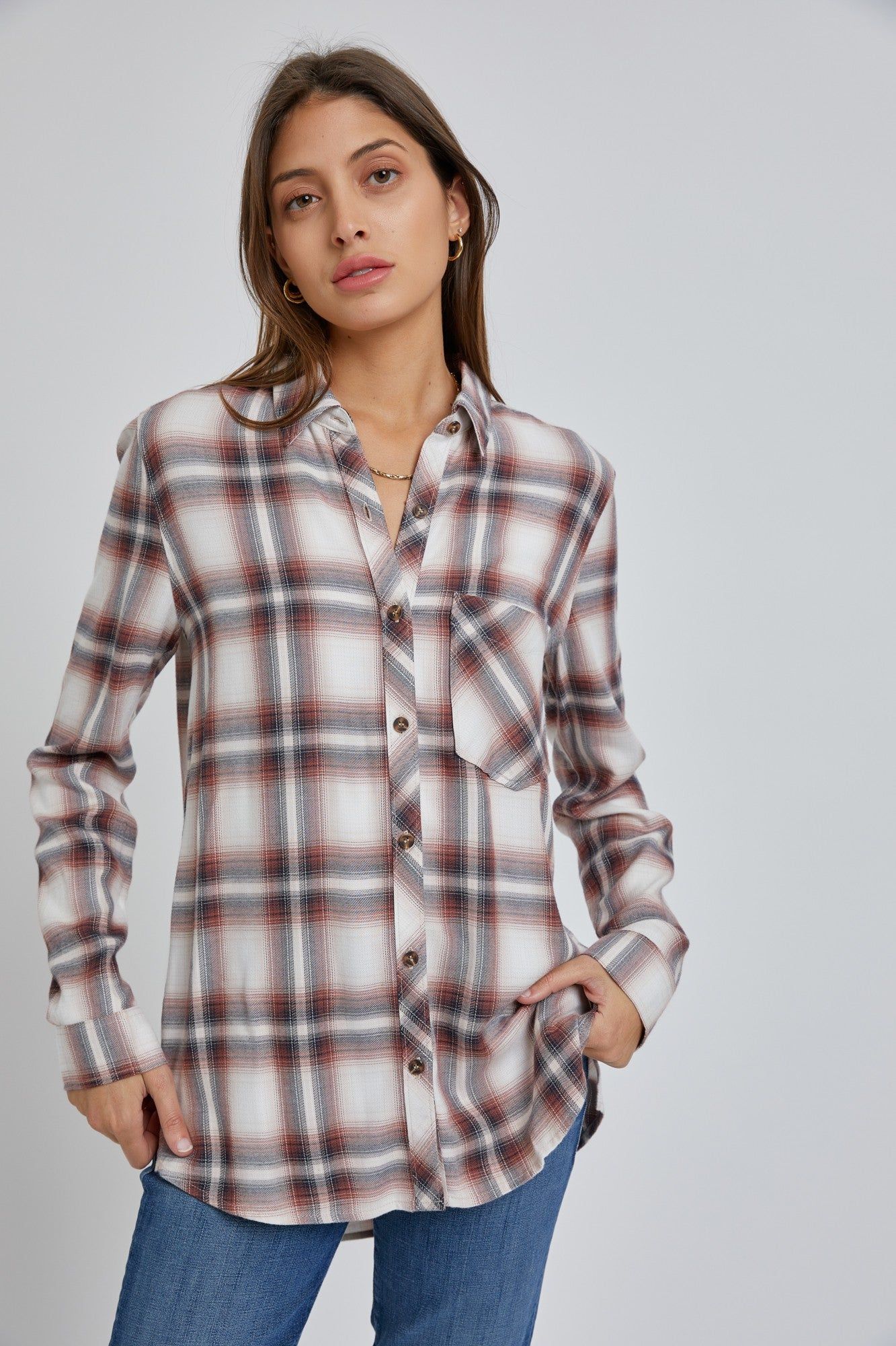 Rust Plaid Button Down Top sold by Pinkblush
