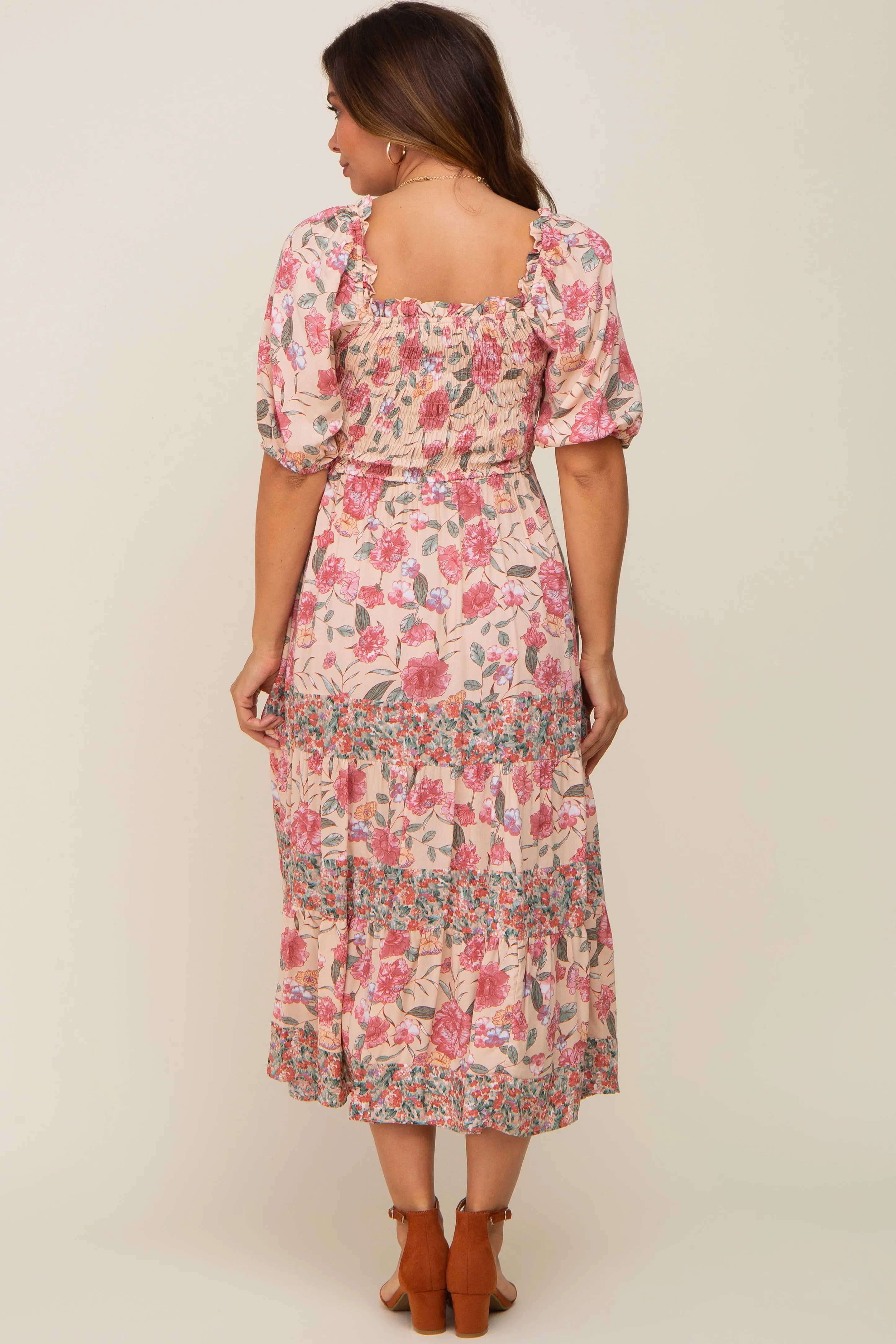 Mauve Floral Puff Sleeve Tiered Maternity Midi Dress sold by Pinkblush product image thumbnail 4