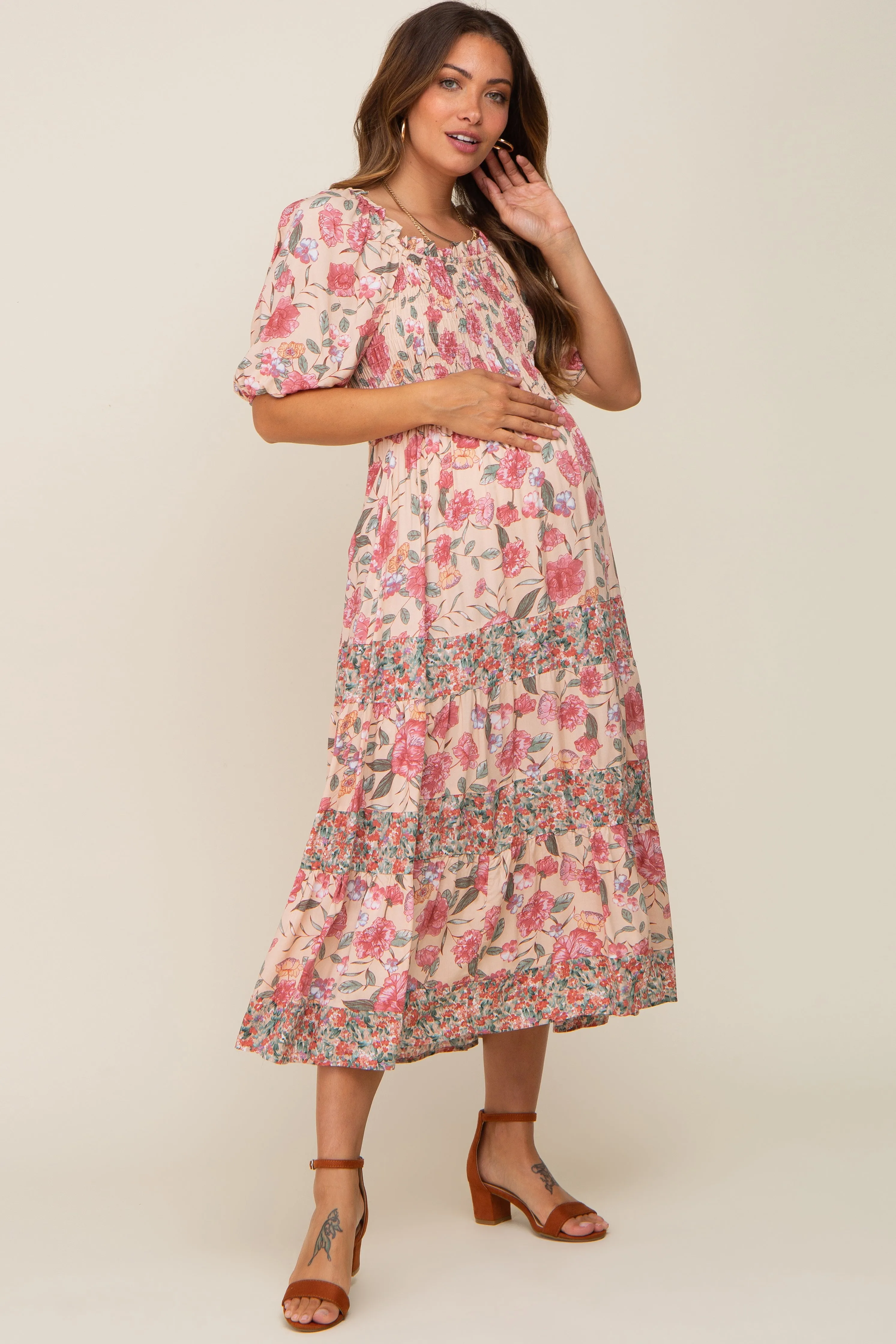 Mauve Floral Puff Sleeve Tiered Maternity Midi Dress sold by Pinkblush