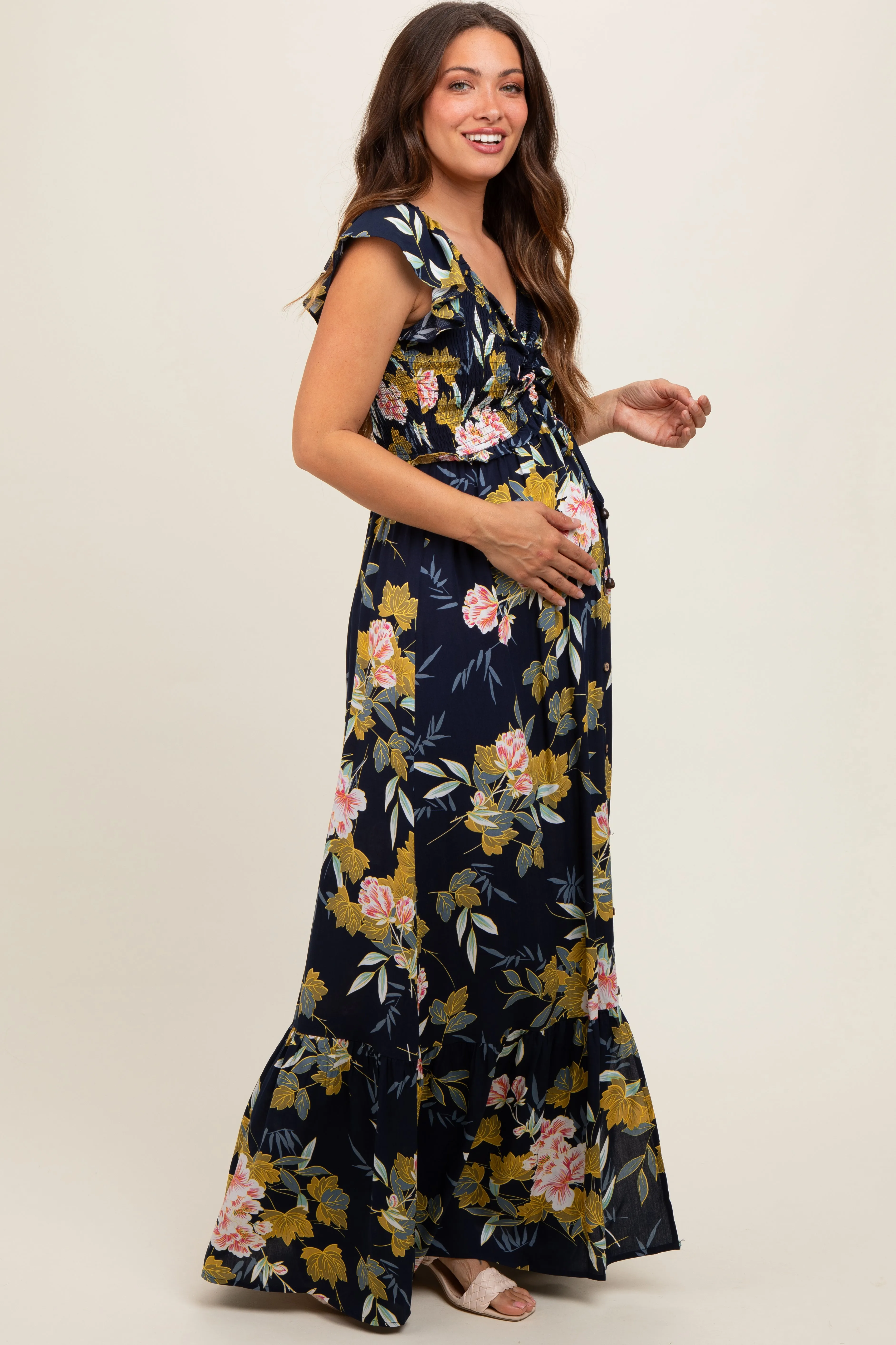 Navy Floral Smocked Cinched Top Maternity Maxi Dress sold by Pinkblush product image thumbnail 2