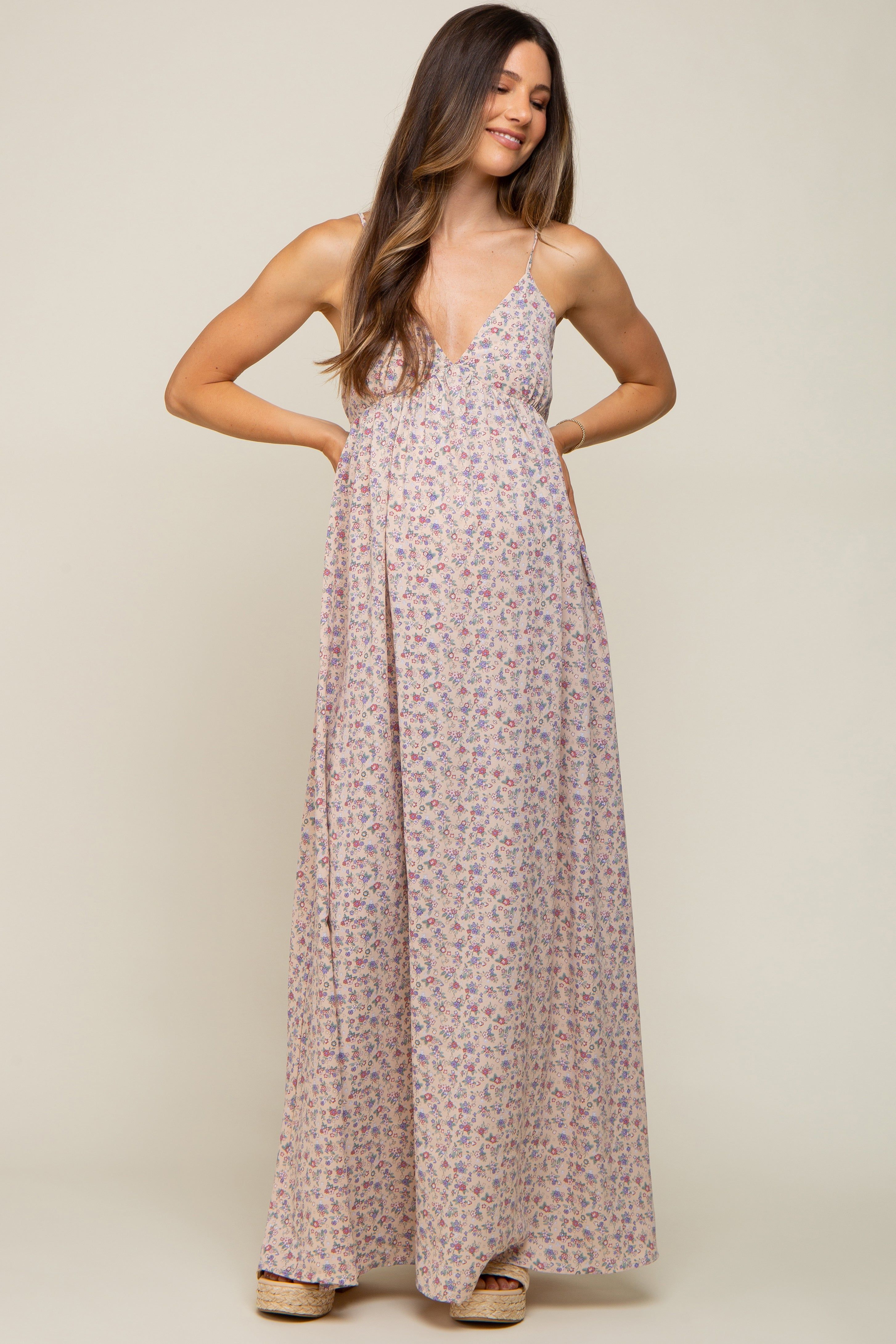 Taupe Floral Sleeveless Maternity Maxi Dress sold by Pinkblush product image thumbnail 4