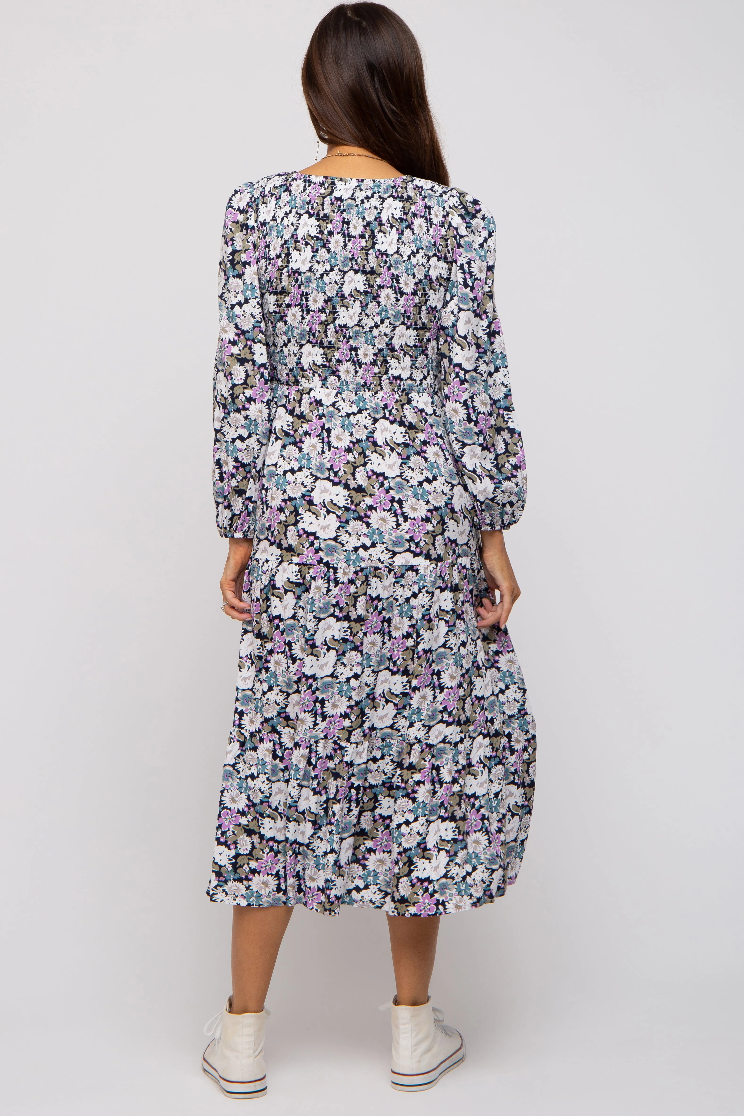 Black Floral Smocked Tiered Maternity Midi Dress sold by Pinkblush product image thumbnail 4