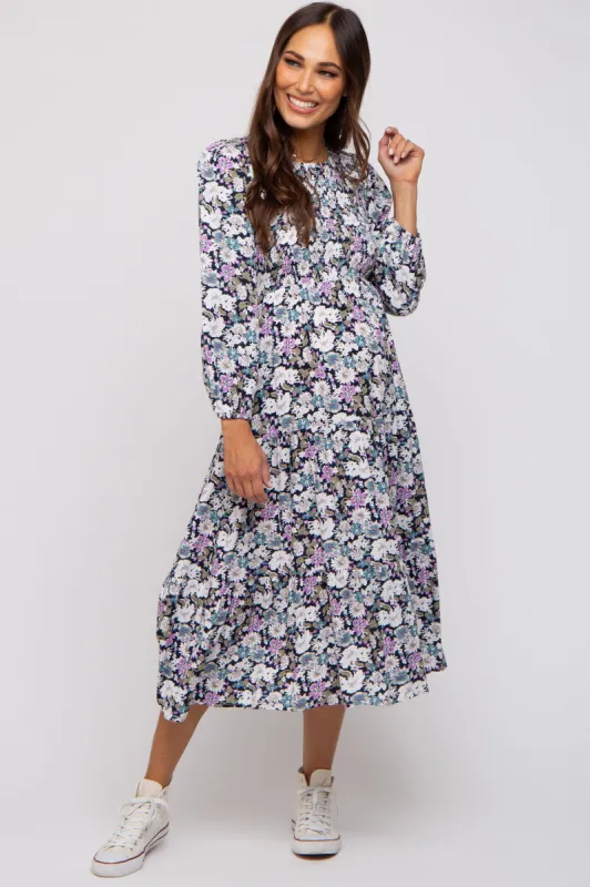 Black Floral Smocked Tiered Maternity Midi Dress sold by Pinkblush