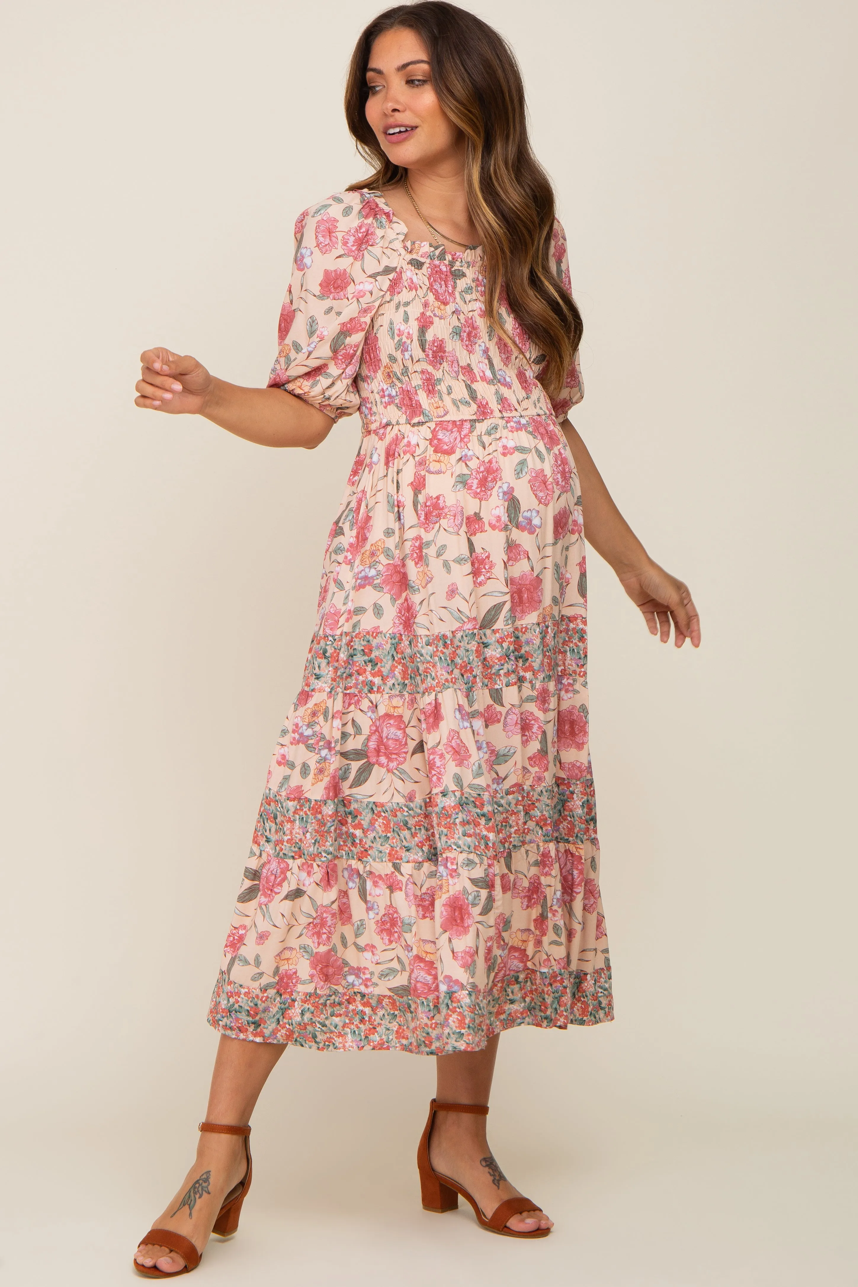 Mauve Floral Puff Sleeve Tiered Maternity Midi Dress sold by Pinkblush product image thumbnail 2