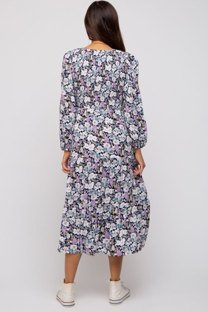 Black Floral Smocked Tiered Maternity Midi Dress sold by Pinkblush product image thumbnail 4