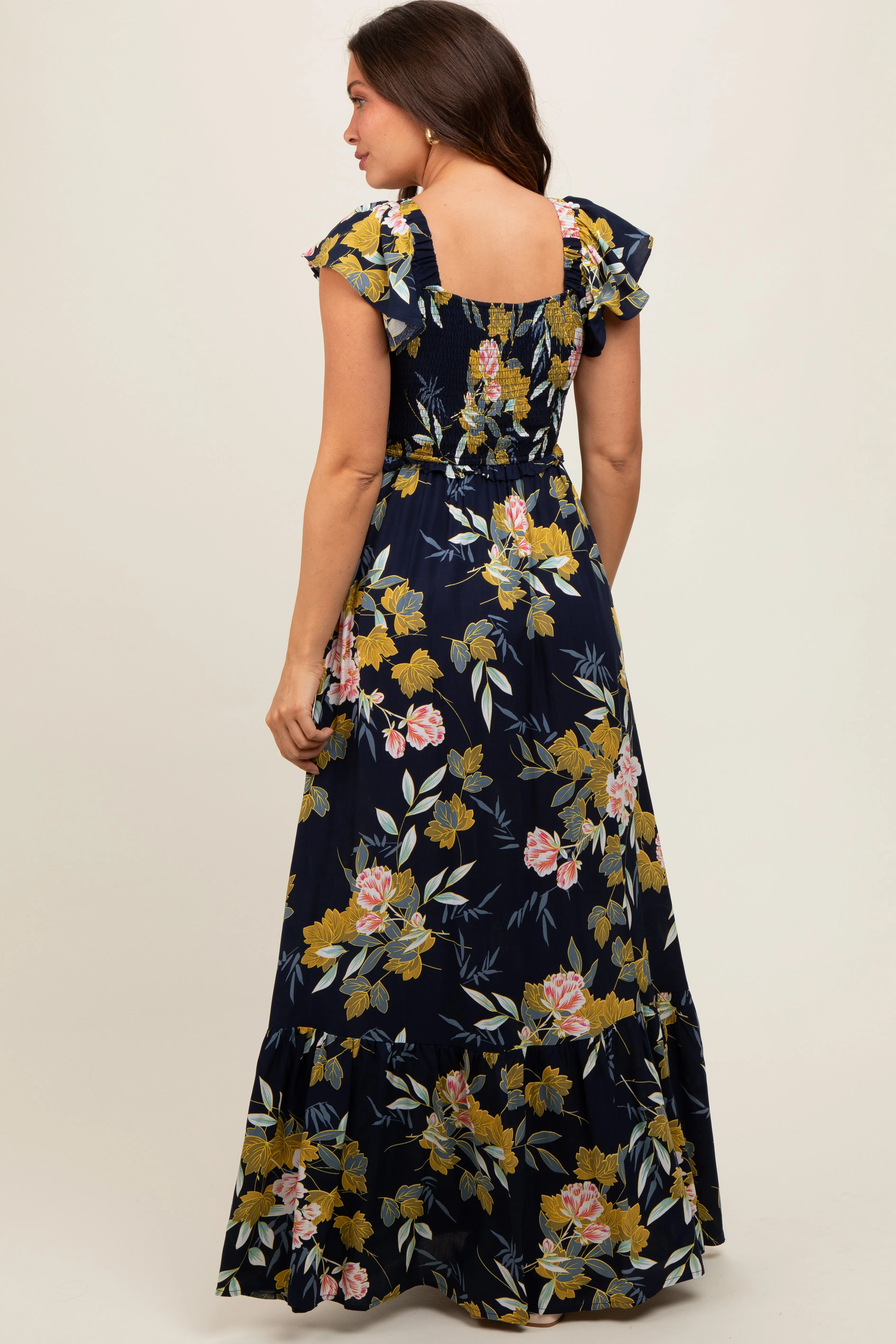 Navy Floral Smocked Cinched Top Maternity Maxi Dress sold by Pinkblush product image thumbnail 3