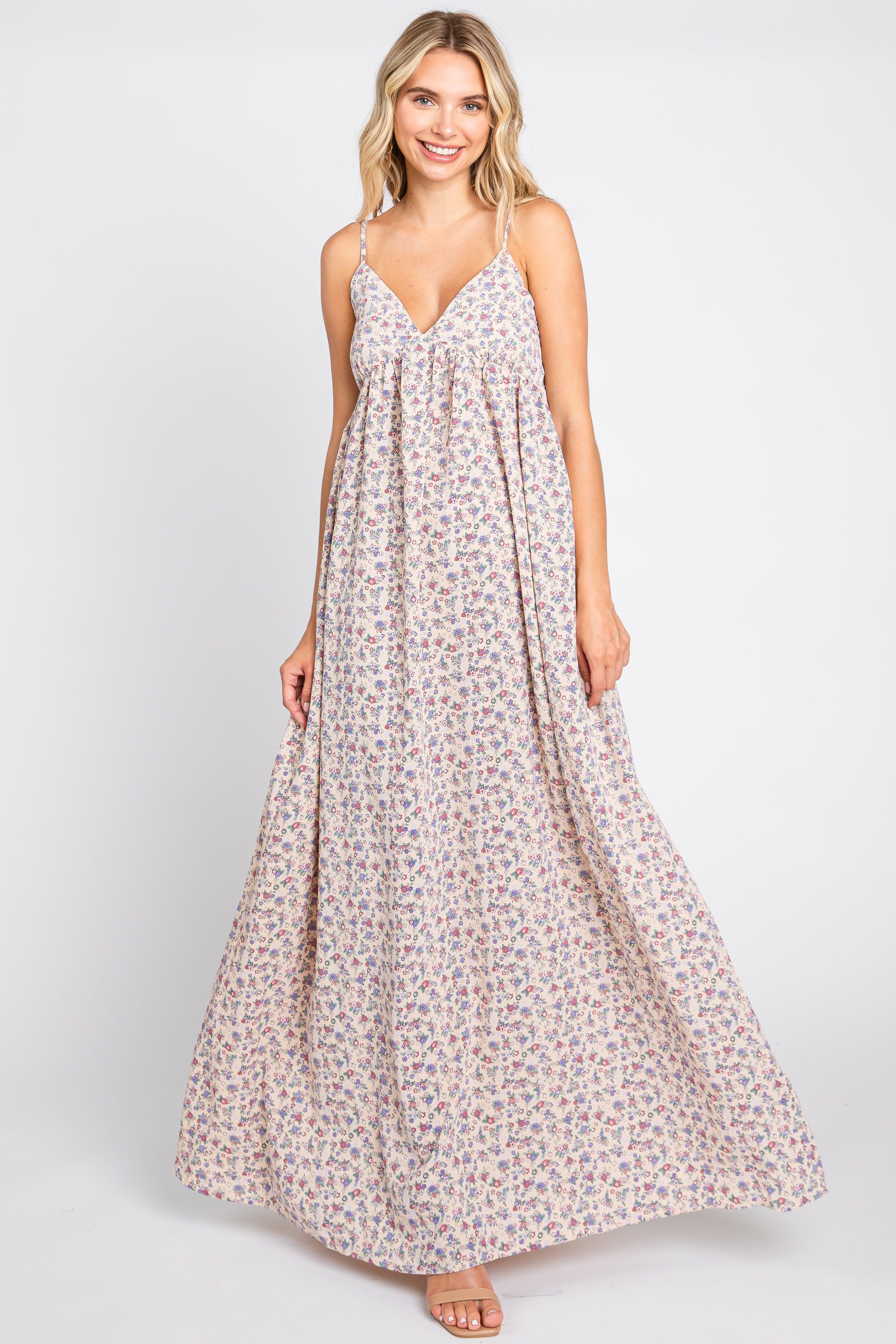 Taupe Floral Sleeveless Maternity Maxi Dress sold by Pinkblush product image thumbnail 5