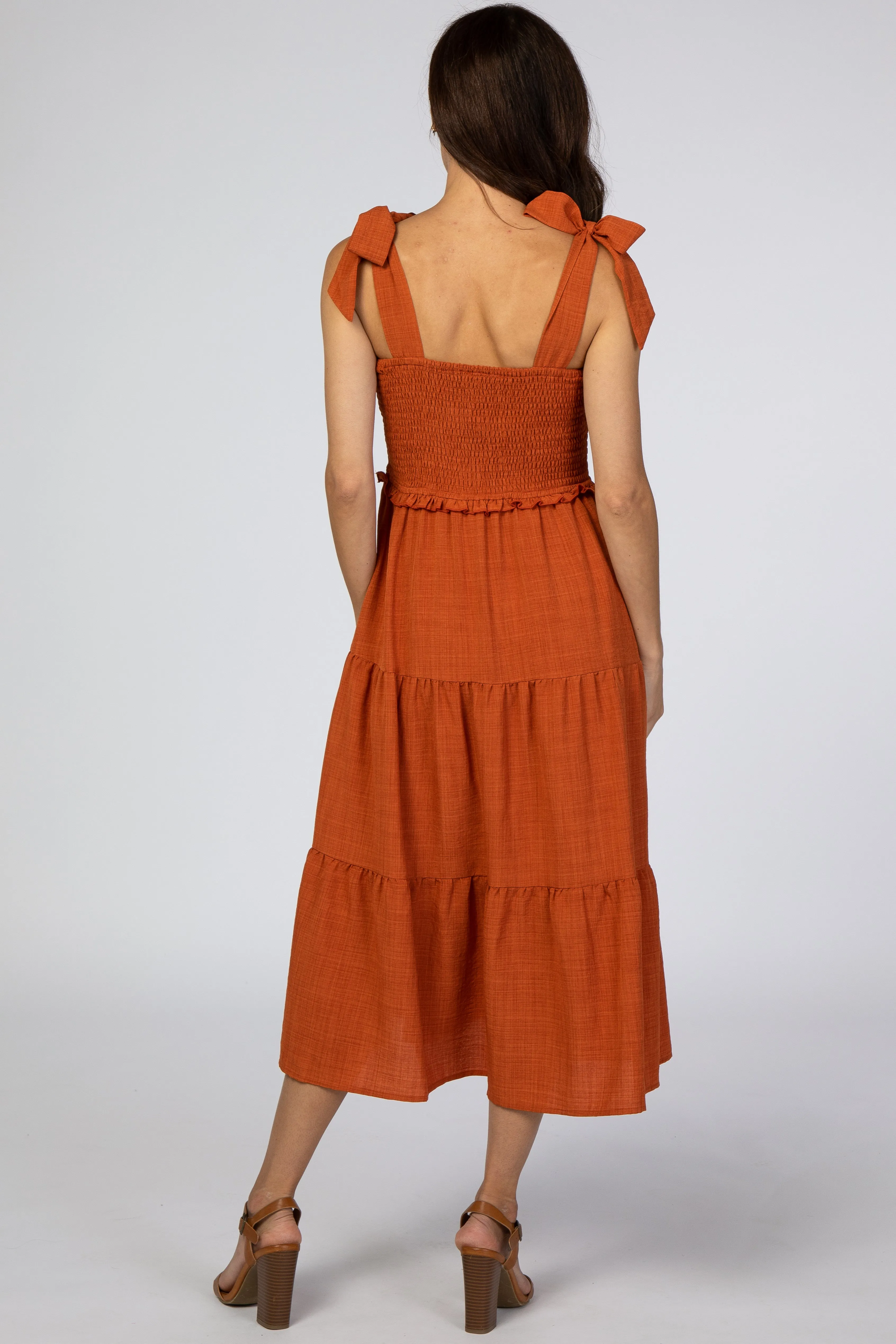 Rust Bow Strap Tiered Midi Dress sold by Pinkblush product image thumbnail 3