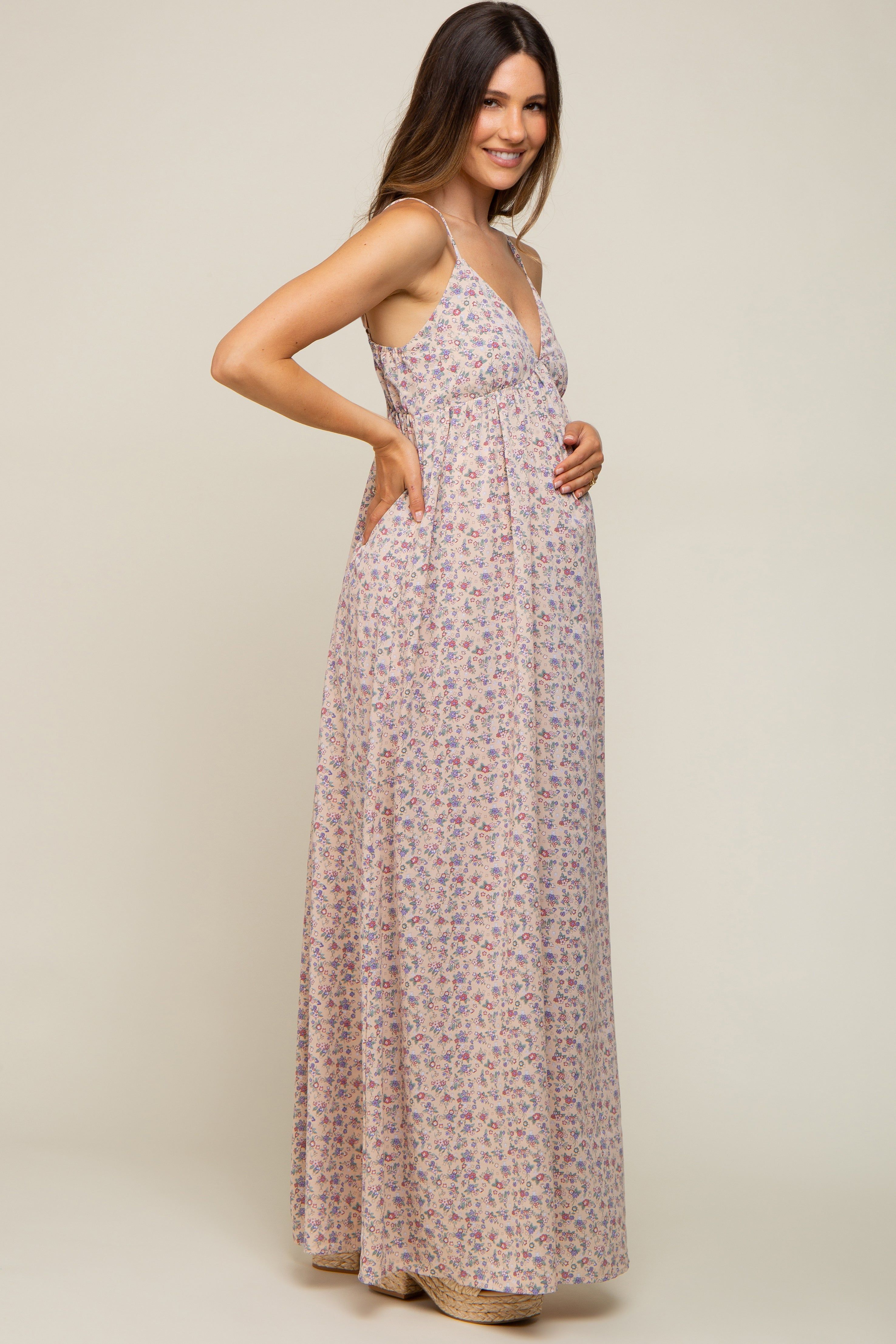 Taupe Floral Sleeveless Maternity Maxi Dress sold by Pinkblush product image thumbnail 2