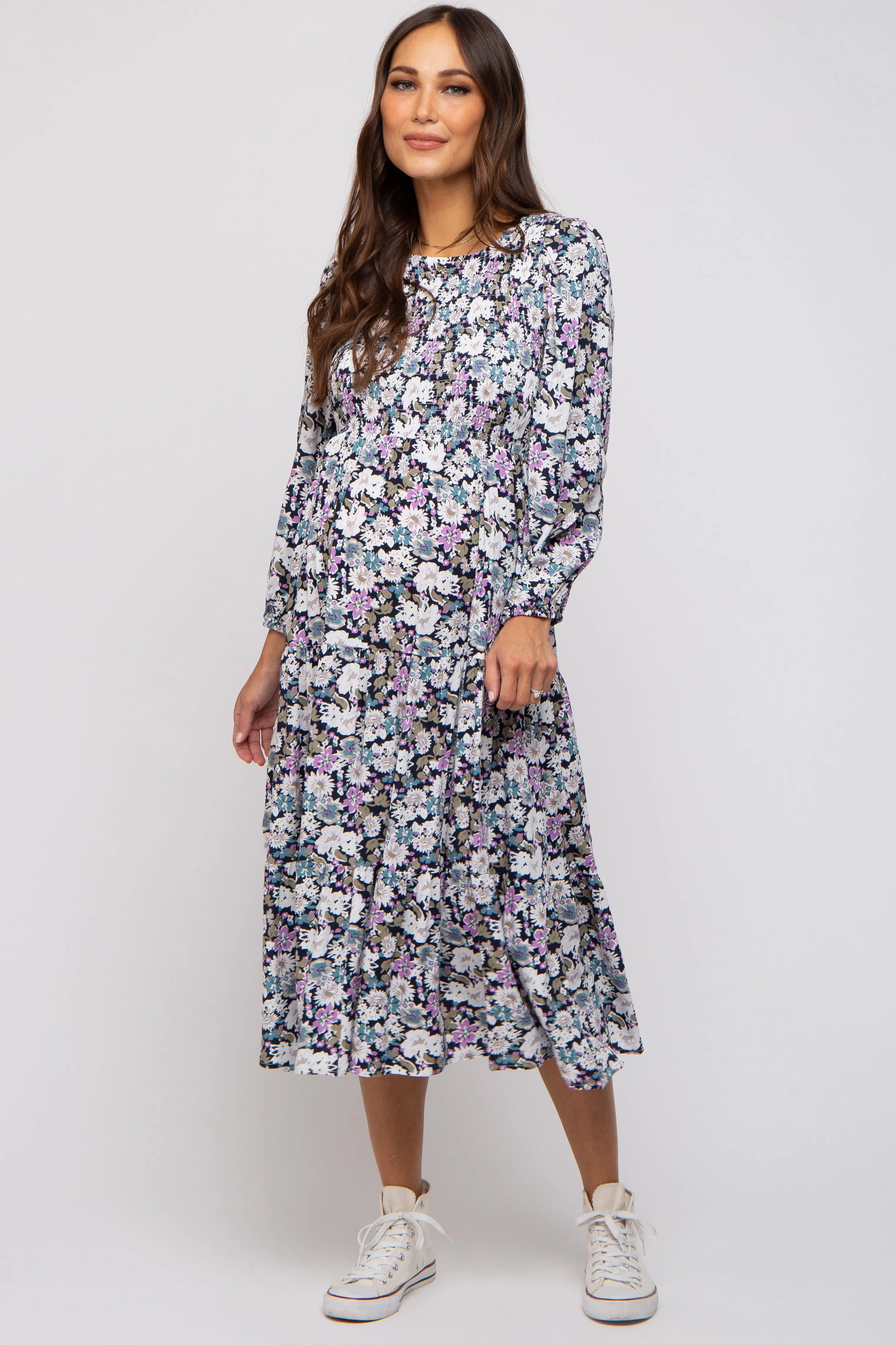 Black Floral Smocked Tiered Maternity Midi Dress sold by Pinkblush product image thumbnail 5
