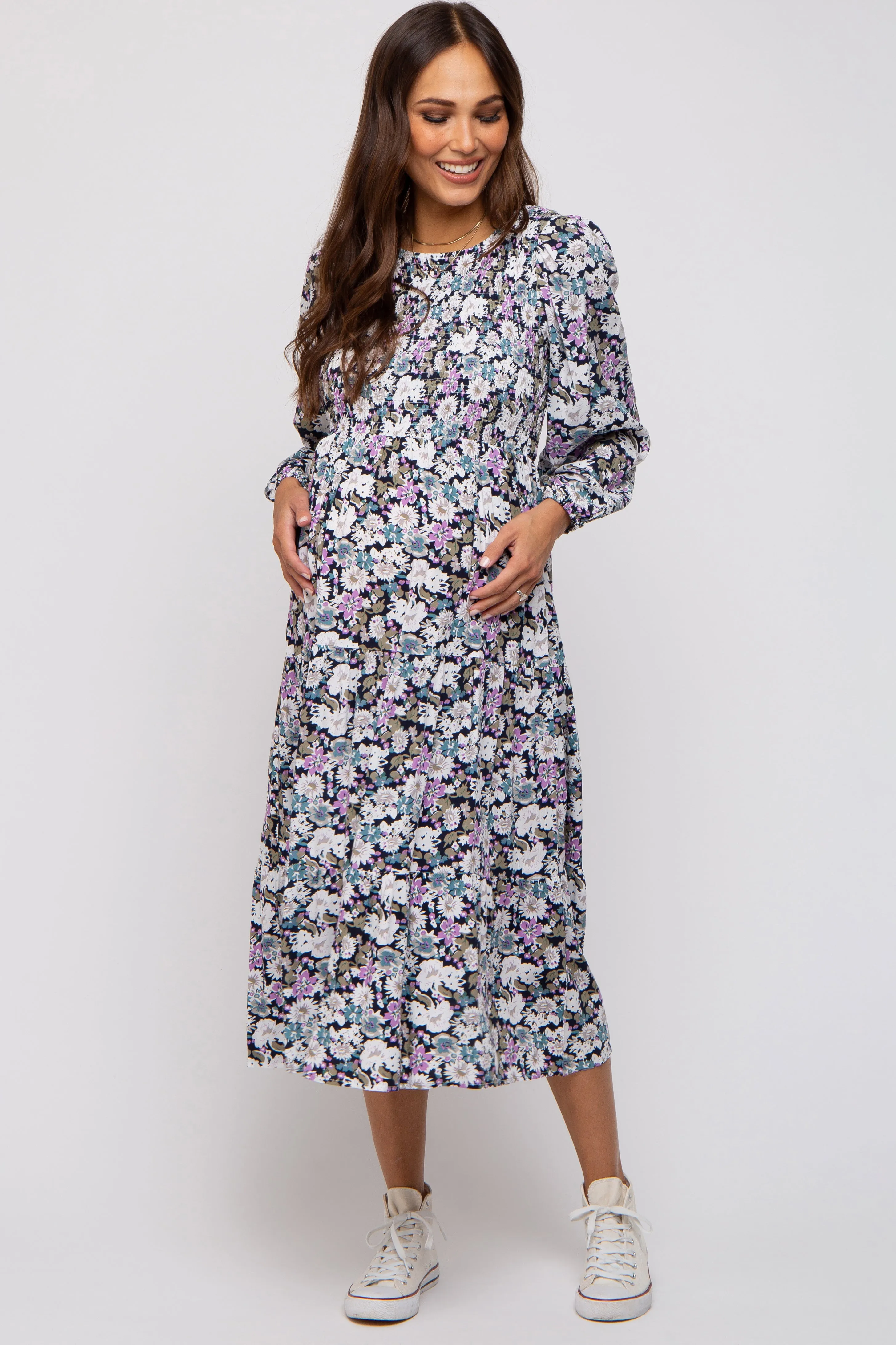 Black Floral Smocked Tiered Maternity Midi Dress sold by Pinkblush product image thumbnail 2