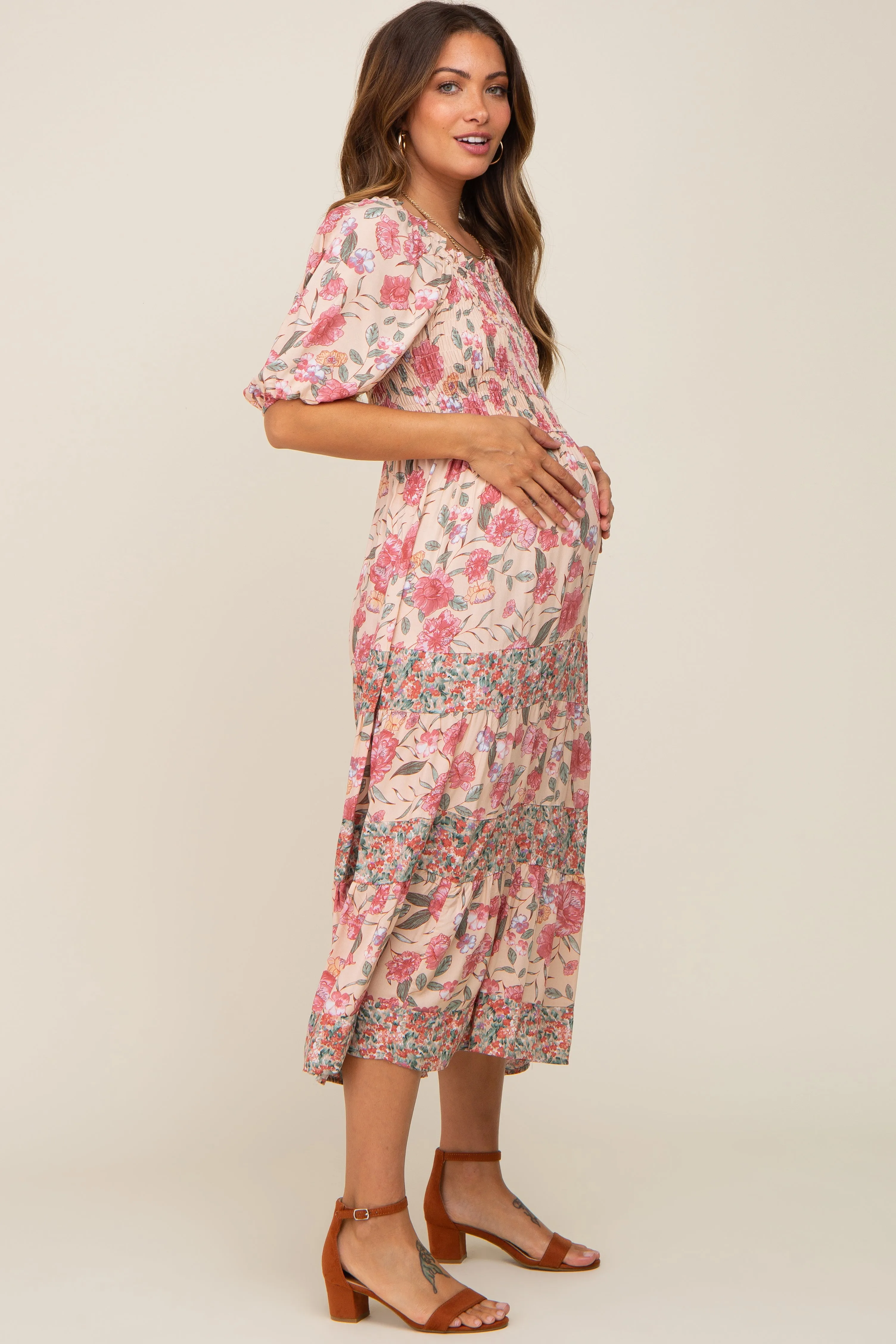 Mauve Floral Puff Sleeve Tiered Maternity Midi Dress sold by Pinkblush product image thumbnail 3