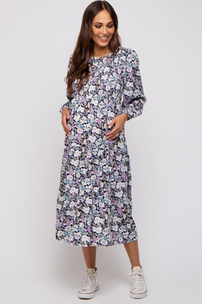 Black Floral Smocked Tiered Maternity Midi Dress sold by Pinkblush product image thumbnail 2