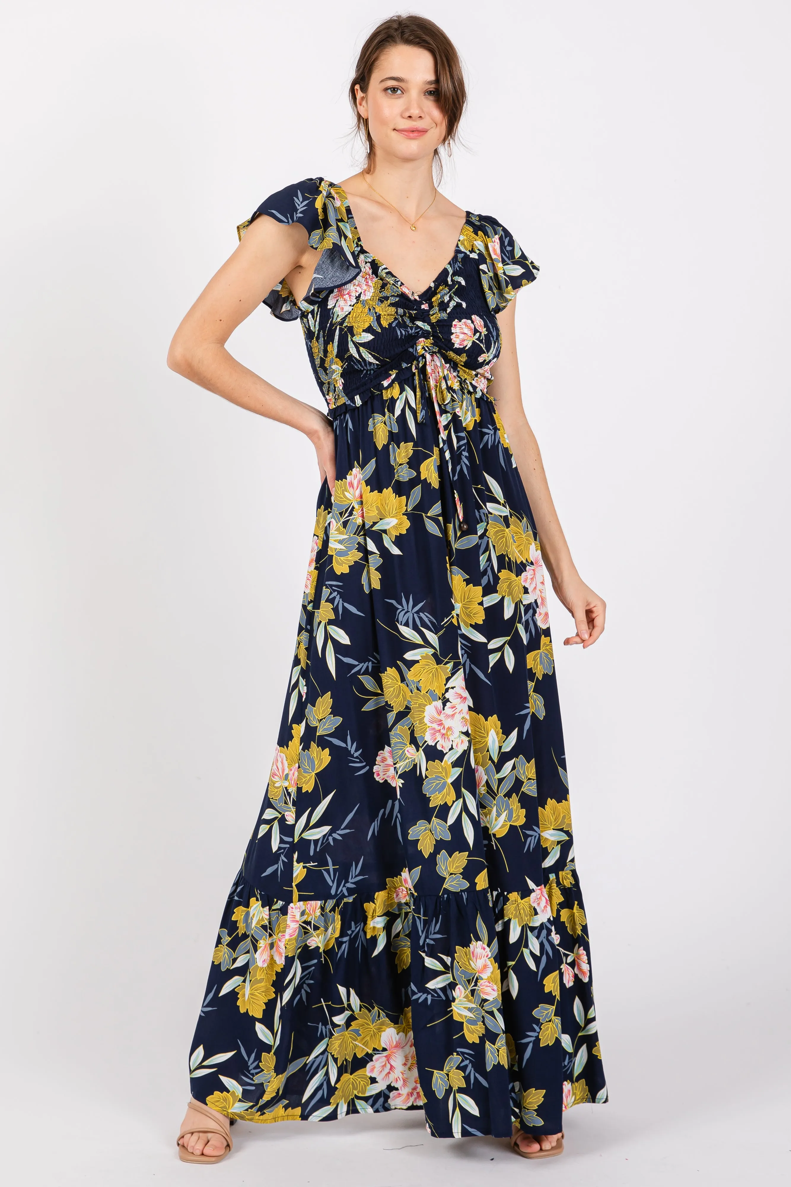 Navy Floral Smocked Cinched Top Maternity Maxi Dress sold by Pinkblush product image thumbnail 4
