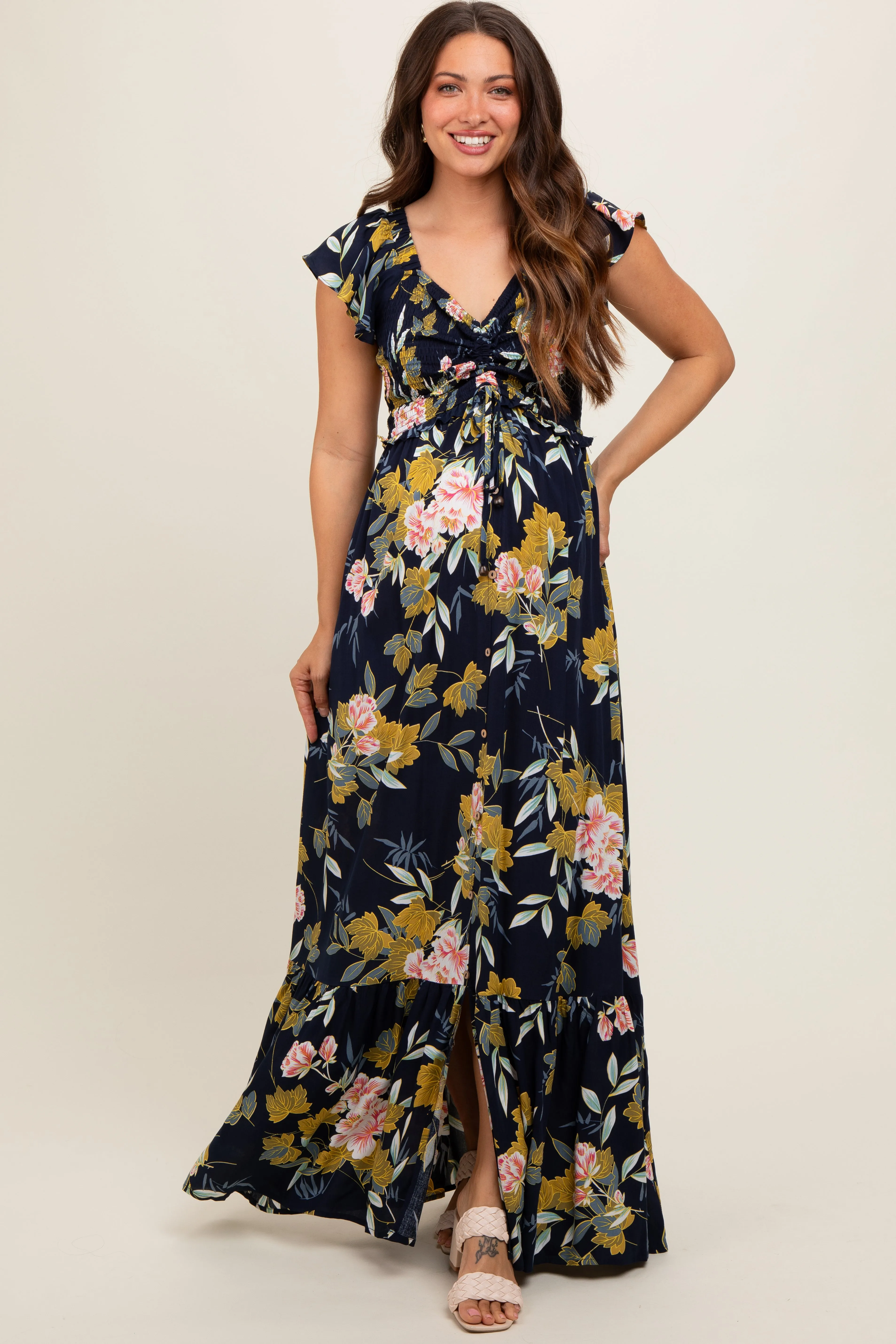Navy Floral Smocked Cinched Top Maternity Maxi Dress sold by Pinkblush