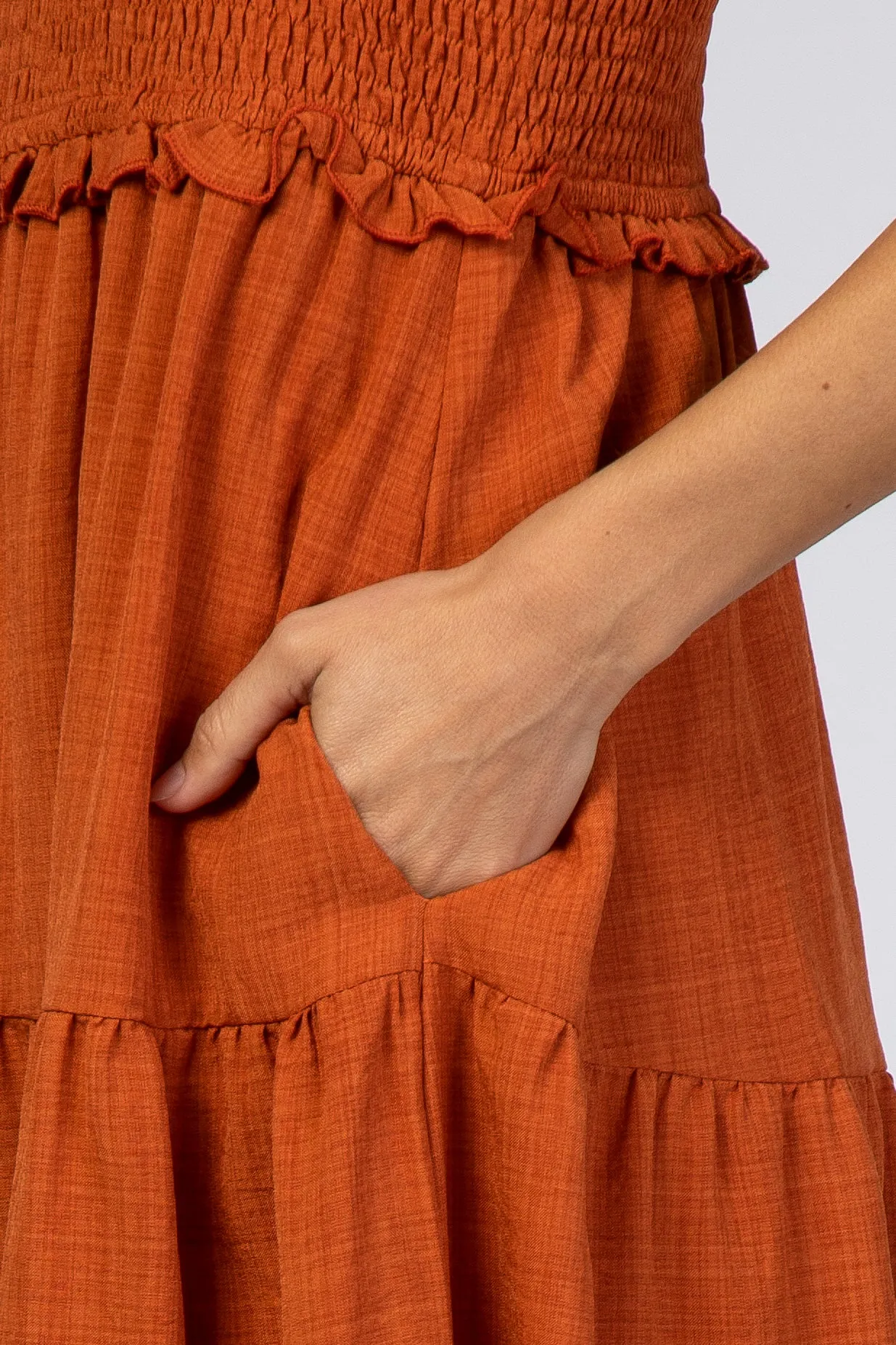 Rust Bow Strap Tiered Midi Dress sold by Pinkblush product image thumbnail 4