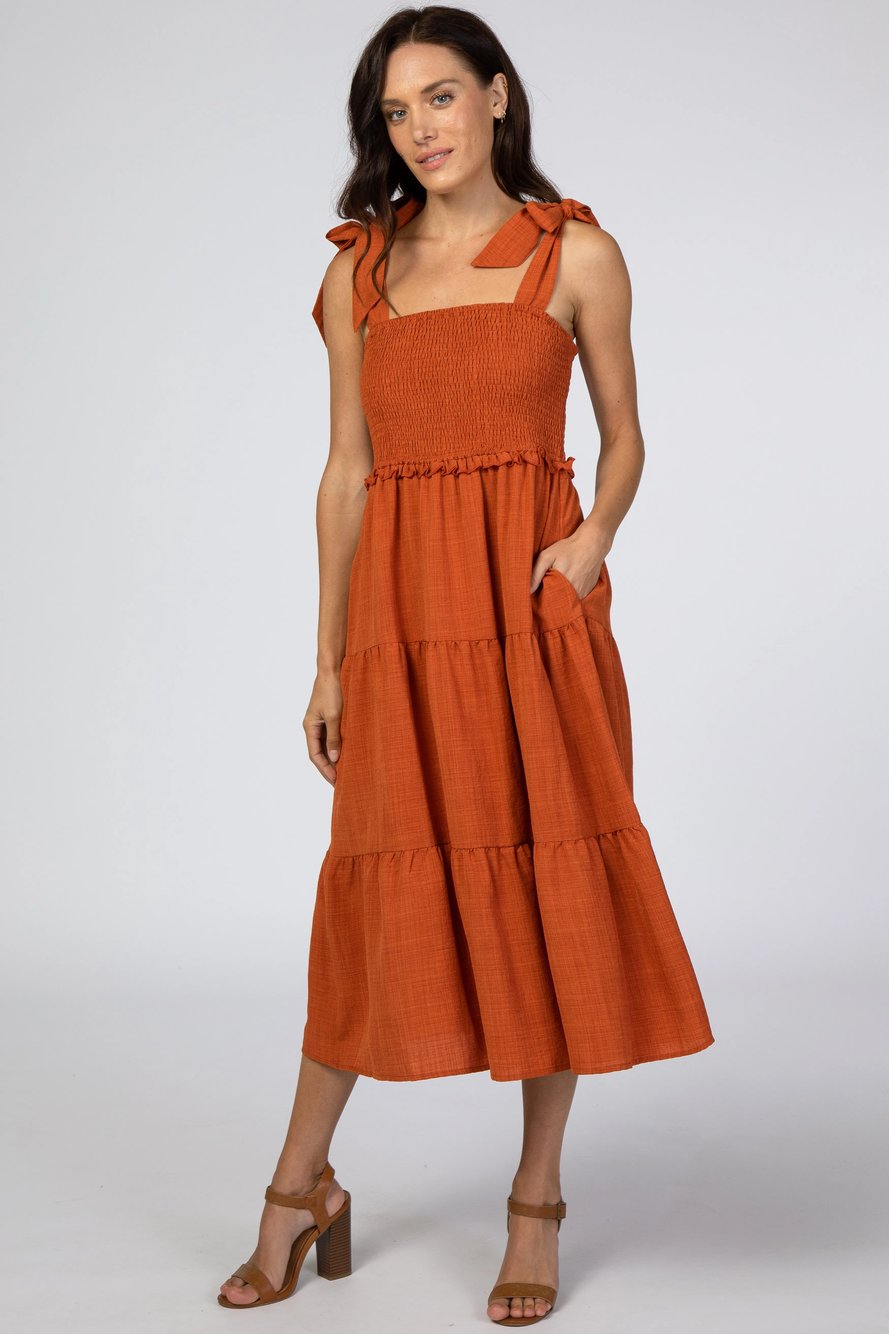 Rust Bow Strap Tiered Midi Dress sold by Pinkblush