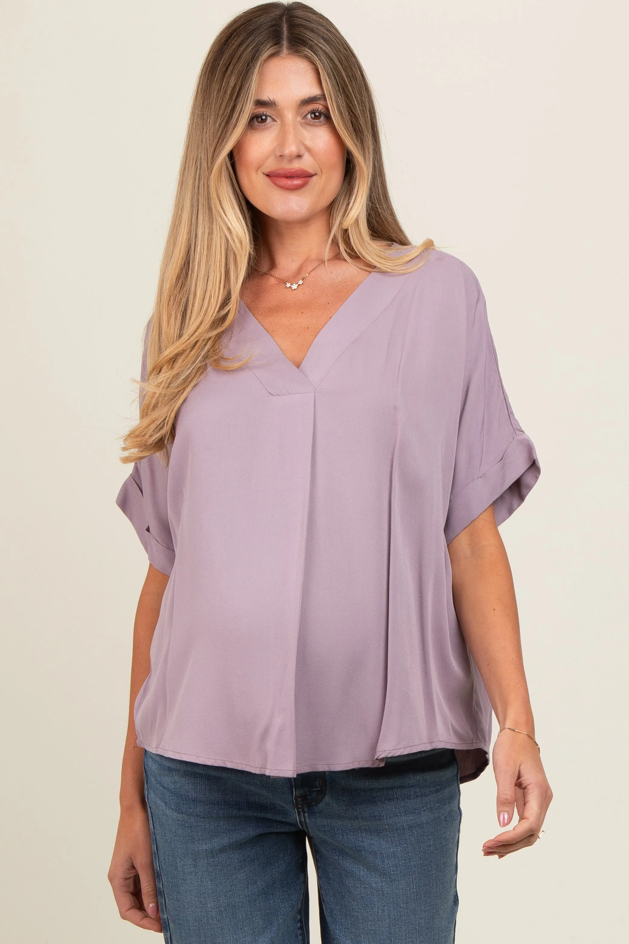 Lavender V-Neck Pin-Tuck Detail Maternity Top sold by Pinkblush