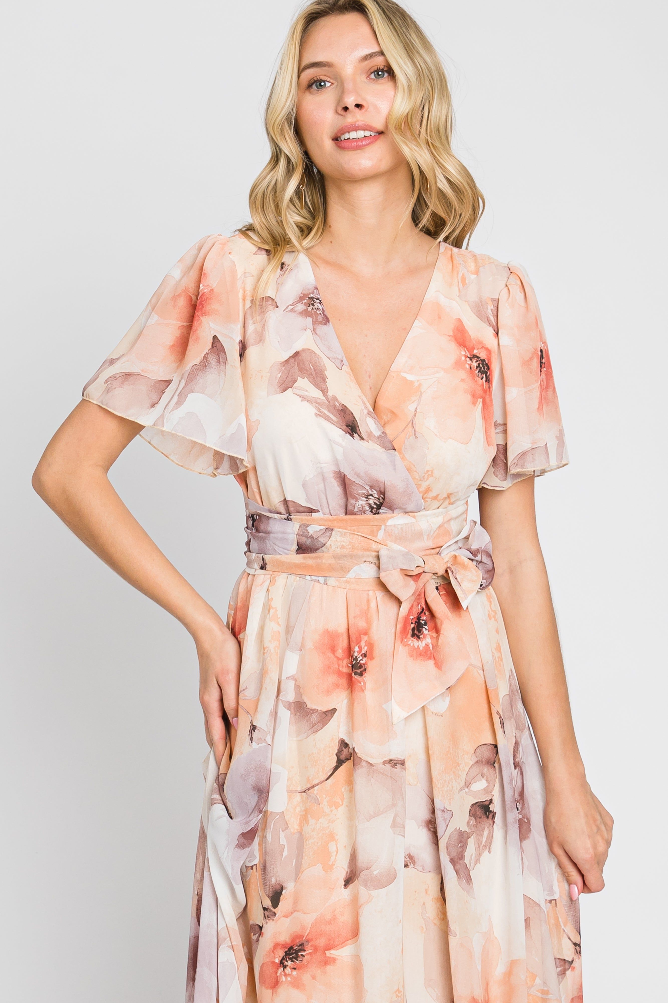 Peach Floral Chiffon Wrap Front Short Sleeve Maxi Dress sold by Pinkblush product image thumbnail 4