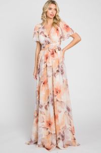 Peach Floral Chiffon Wrap Front Short Sleeve Maxi Dress sold by Pinkblush