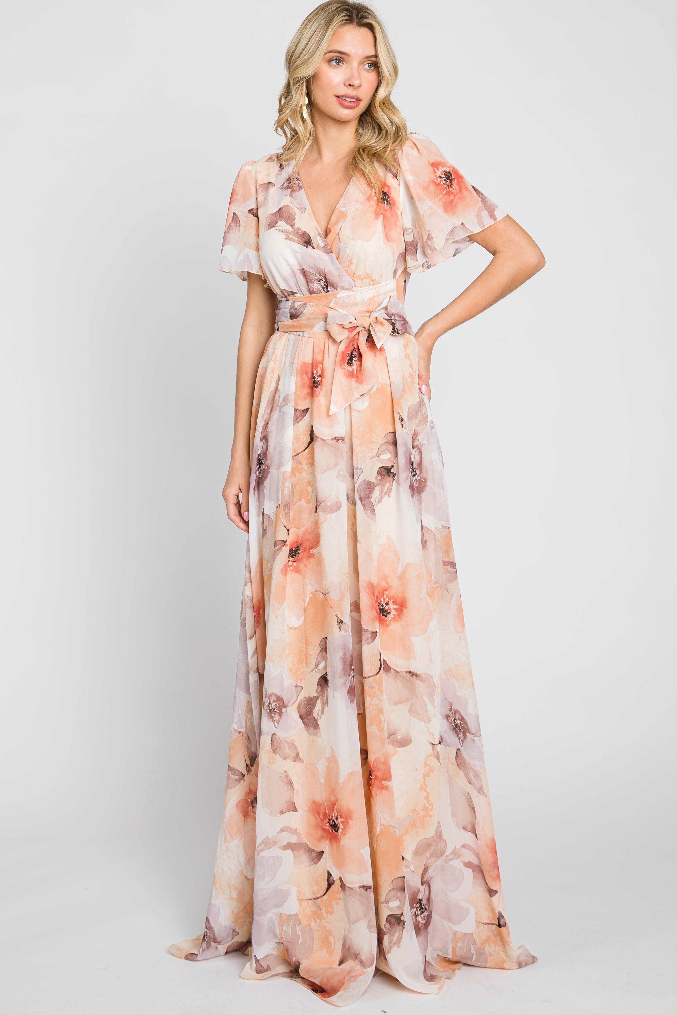 Peach Floral Chiffon Wrap Front Short Sleeve Maxi Dress sold by Pinkblush