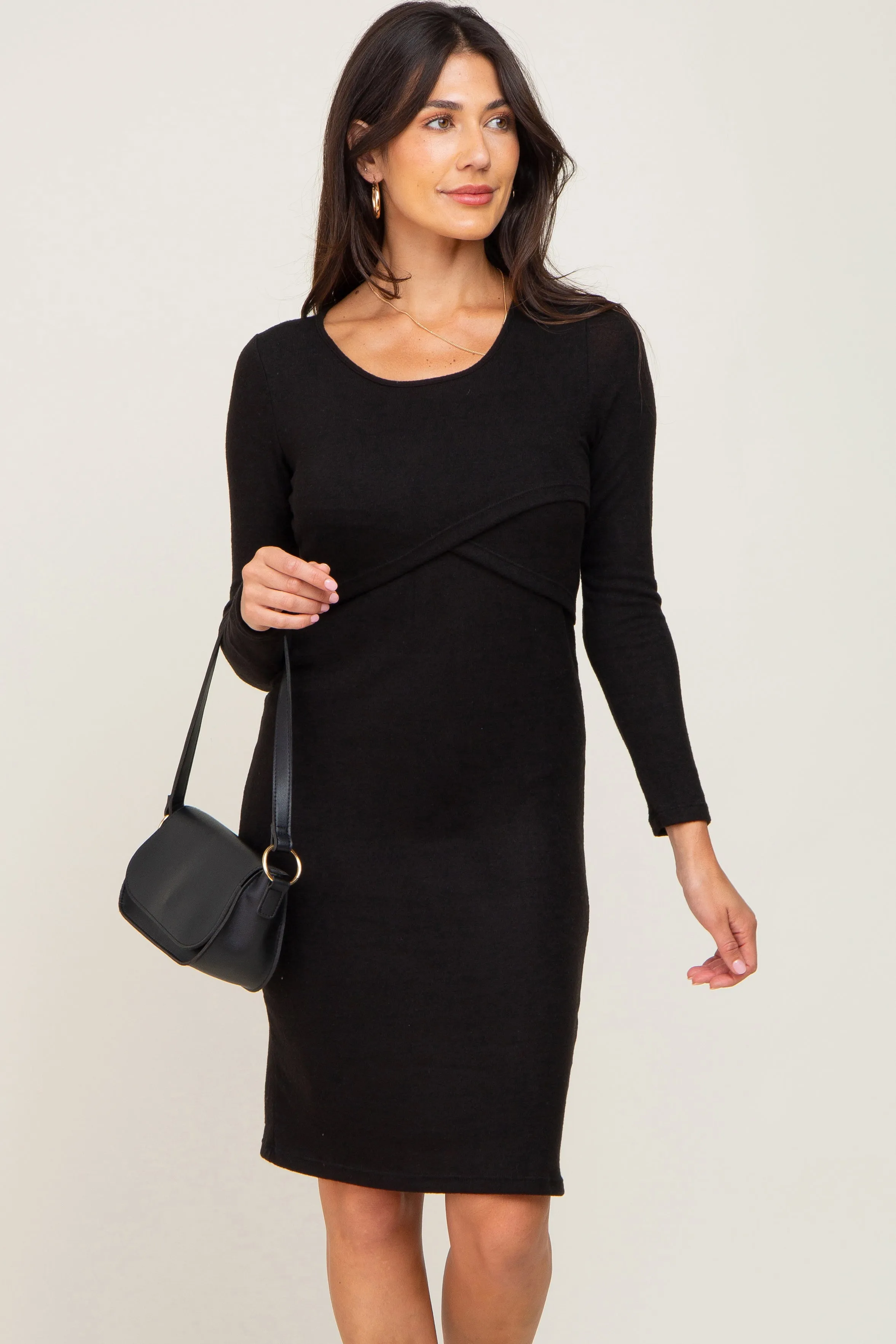Black Brushed Knit Long Sleeve Wrap Nursing Dress sold by Pinkblush