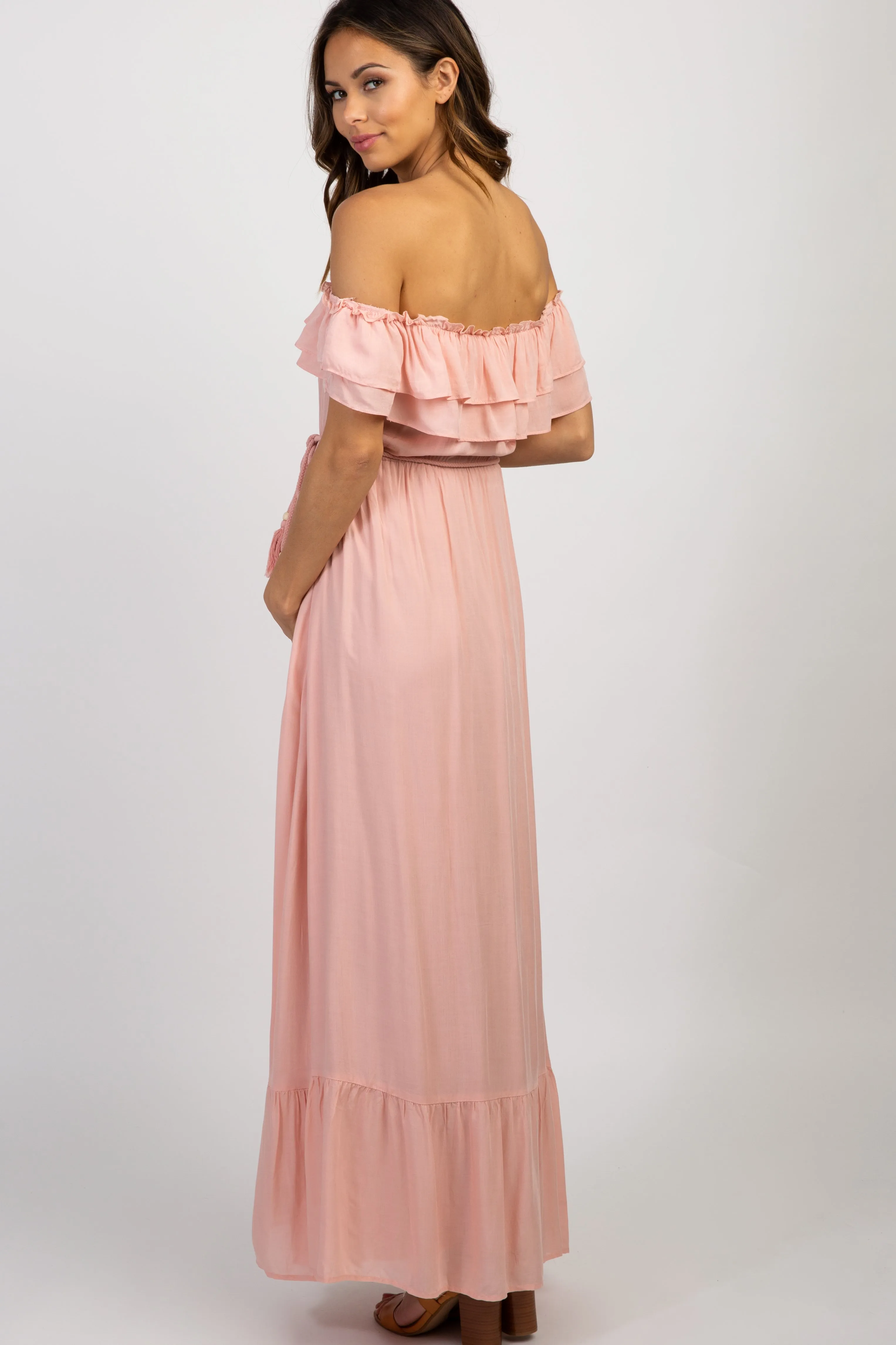 Pink Off Shoulder Tassel Tie Maternity Maxi Dress sold by Pinkblush product image thumbnail 3