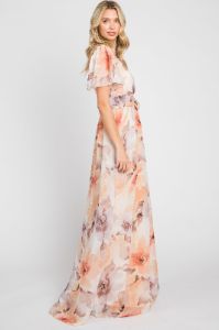 Peach Floral Chiffon Wrap Front Short Sleeve Maxi Dress sold by Pinkblush