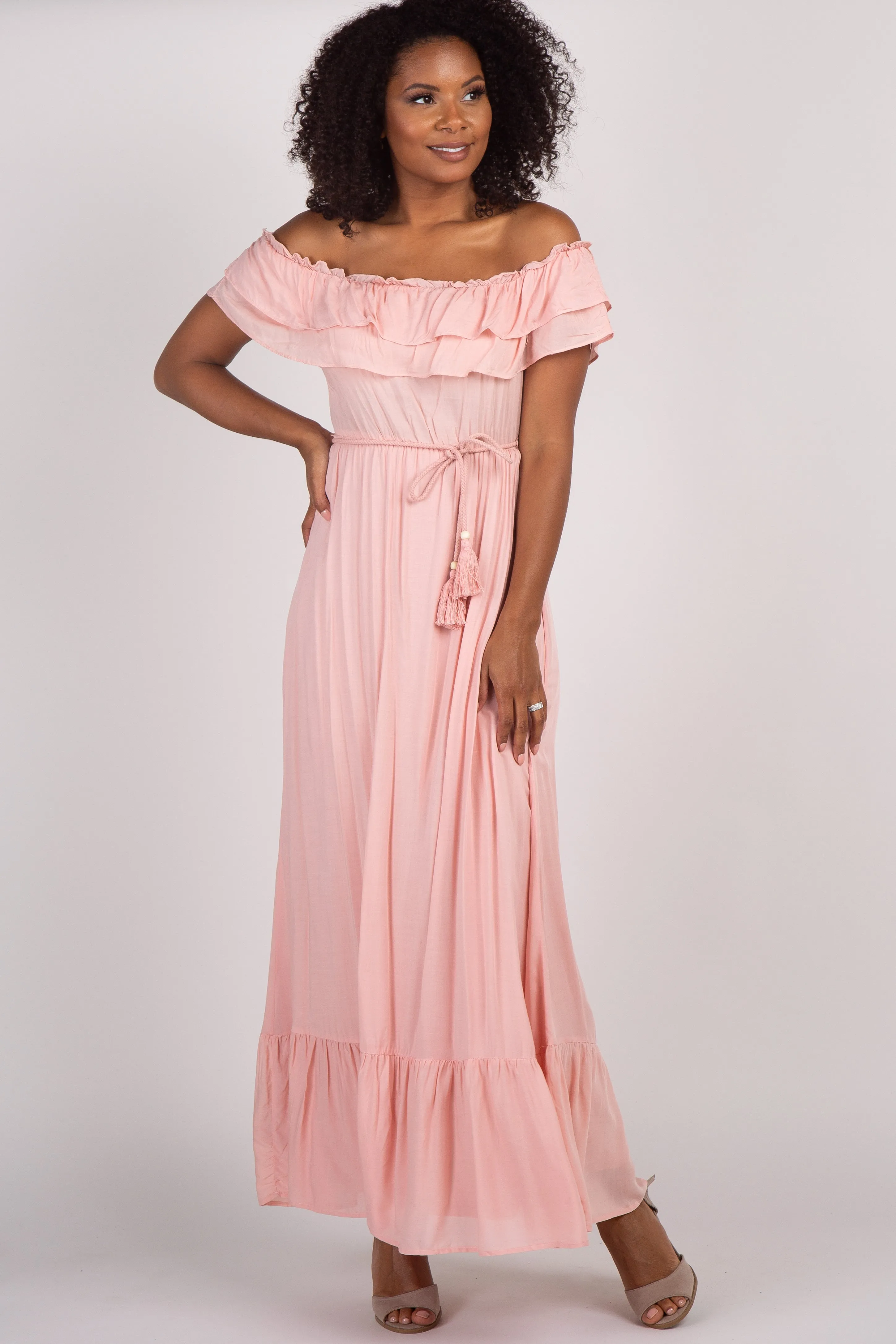 Pink Off Shoulder Tassel Tie Maternity Maxi Dress sold by Pinkblush product image thumbnail 4