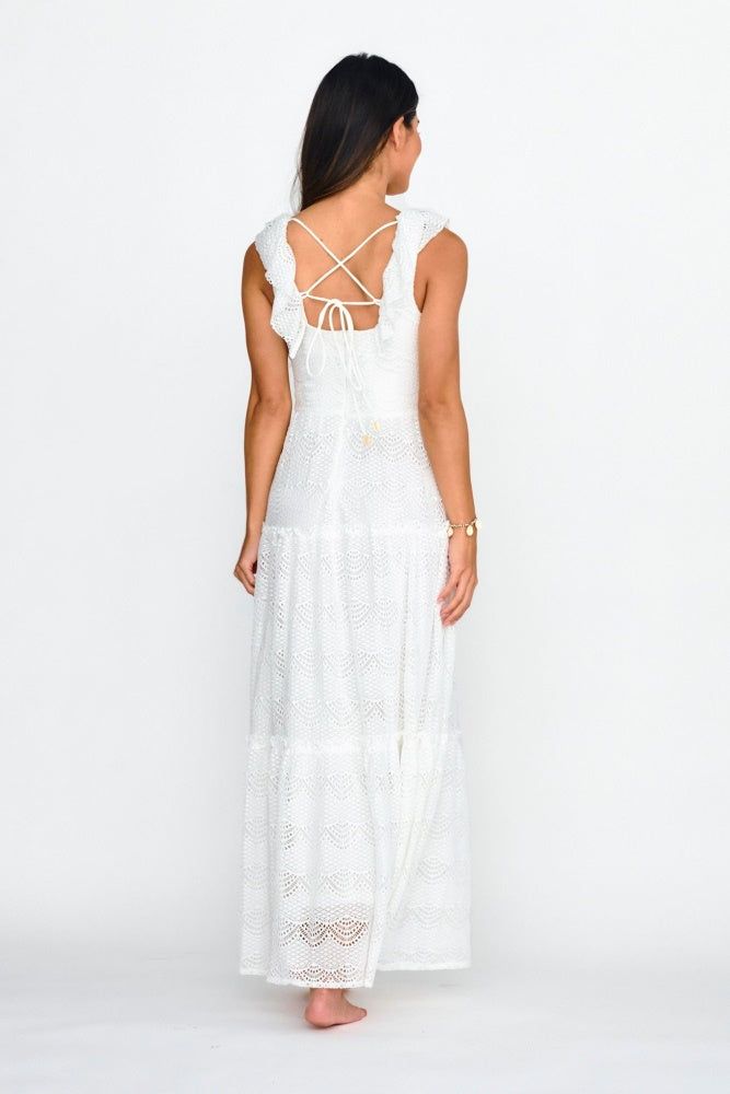 White Sleeveless Crochet Ruffle Strap Maxi Dress sold by Pinkblush product image thumbnail 2