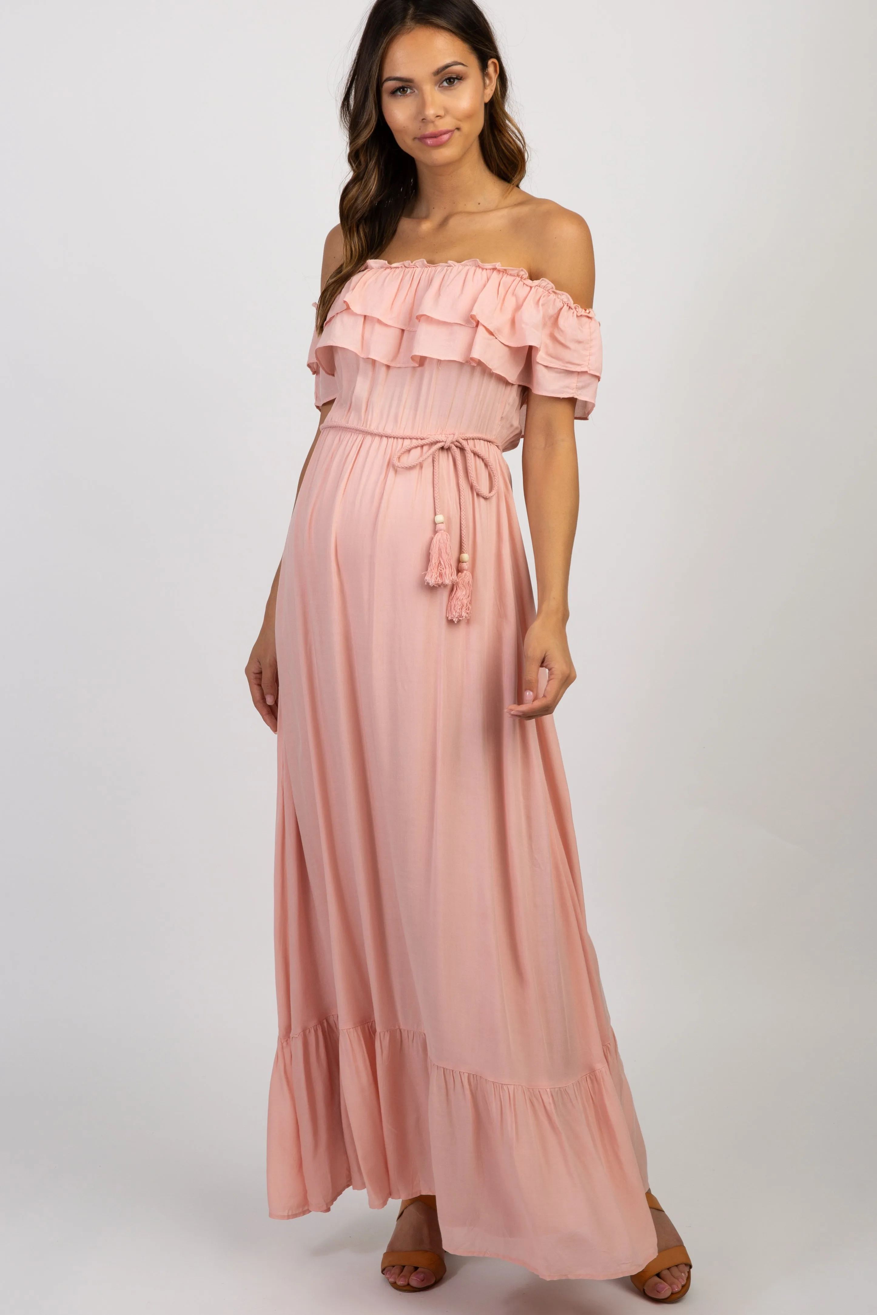 Pink Off Shoulder Tassel Tie Maternity Maxi Dress sold by Pinkblush
