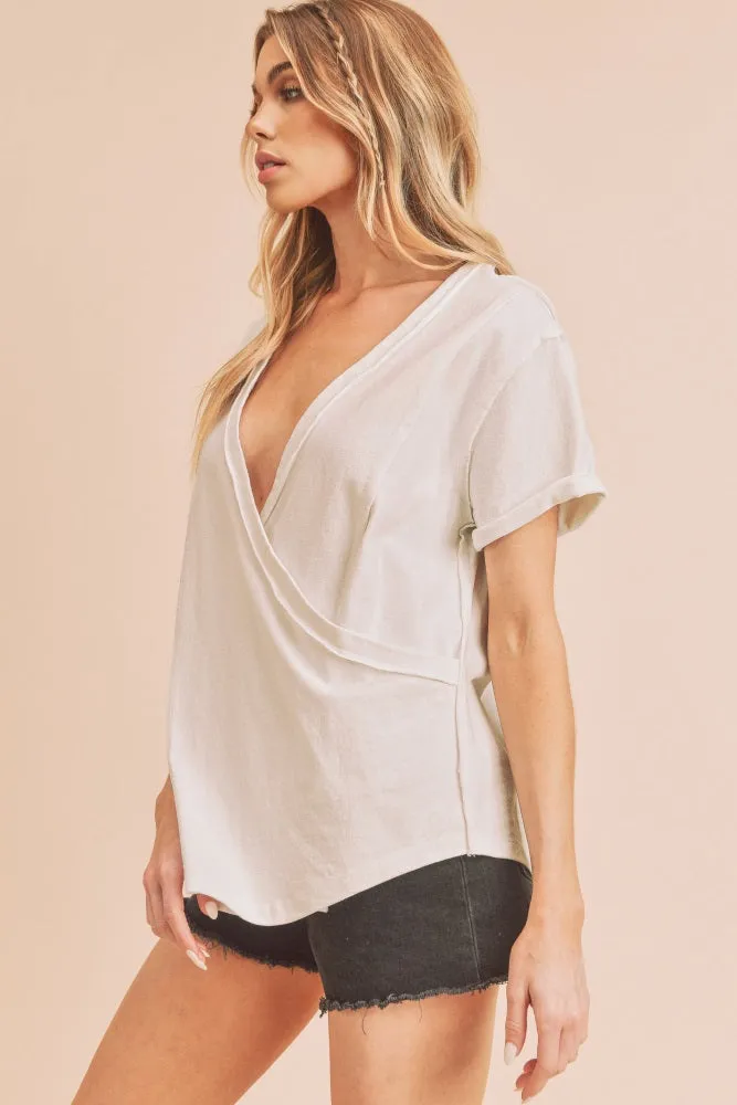 Ivory Wrap Short Sleeve Raw Hem Top sold by Pinkblush product image thumbnail 2