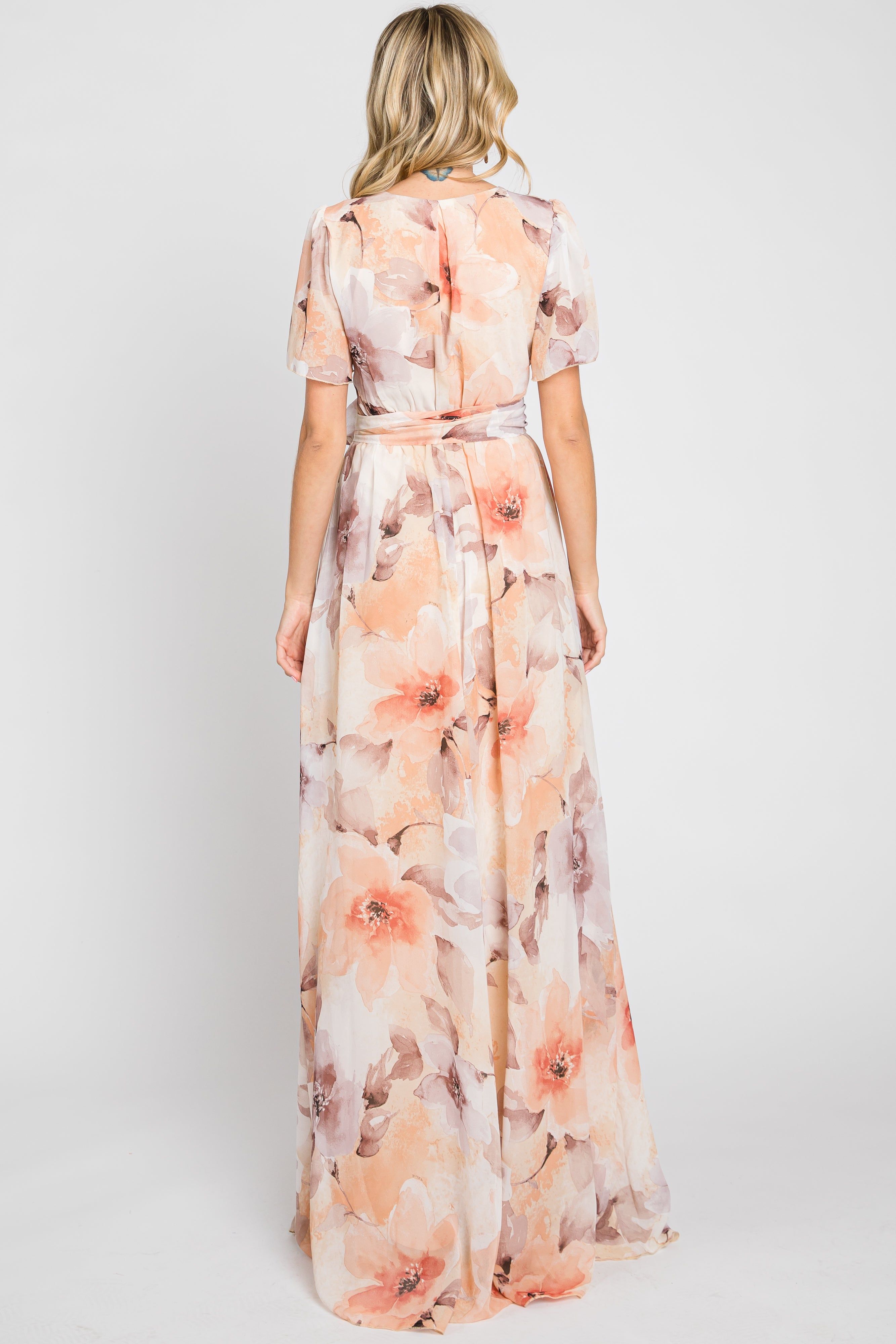 Peach Floral Chiffon Wrap Front Short Sleeve Maxi Dress sold by Pinkblush product image thumbnail 3