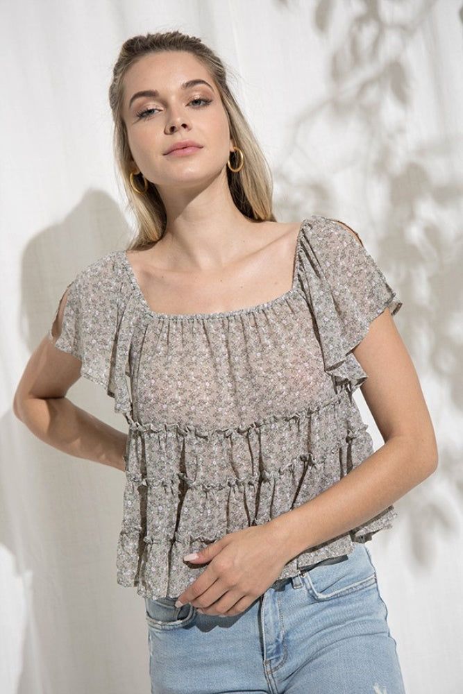 Sage Floral Tier Ruffled Top sold by Pinkblush