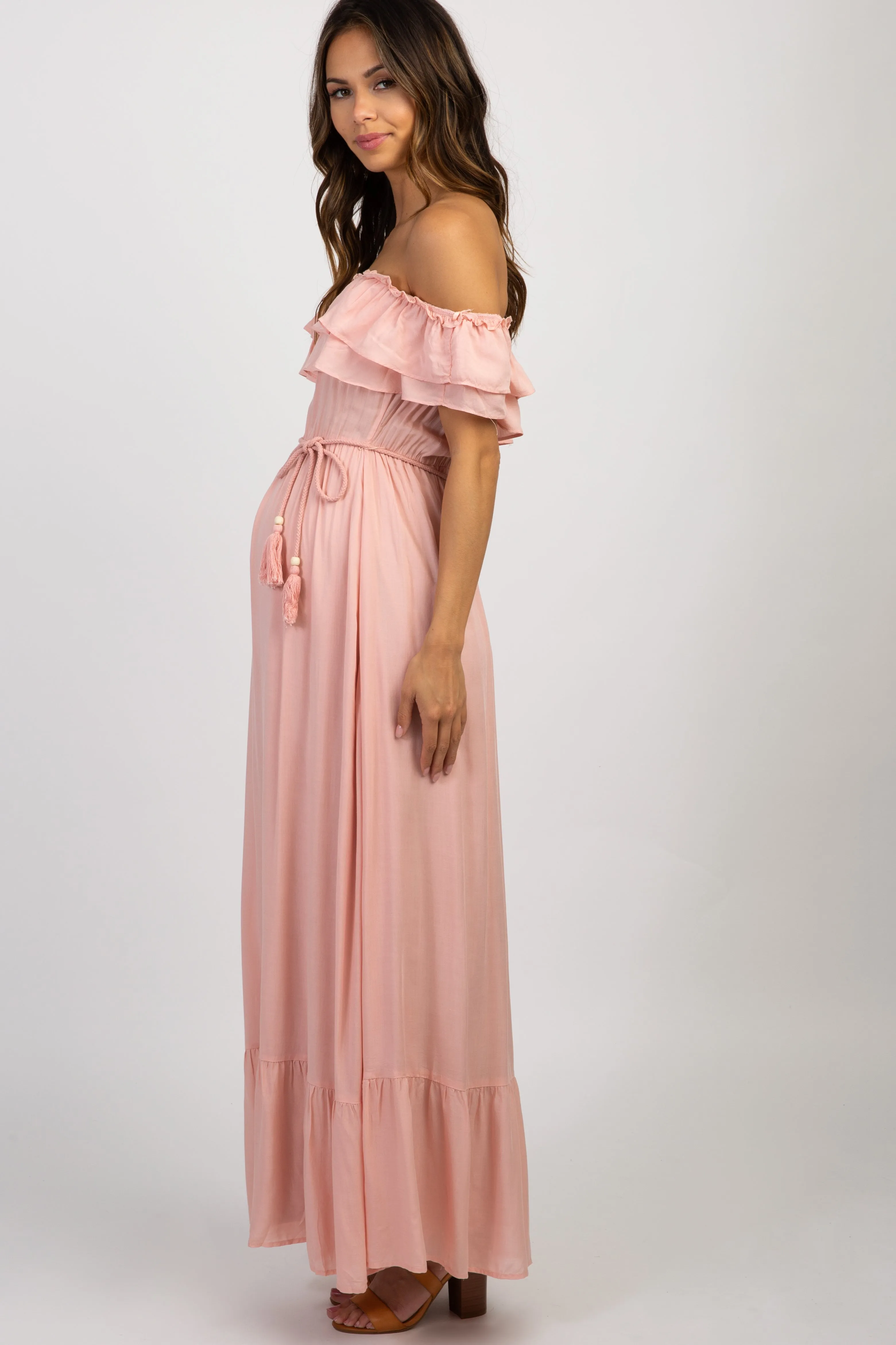 Pink Off Shoulder Tassel Tie Maternity Maxi Dress sold by Pinkblush product image thumbnail 2