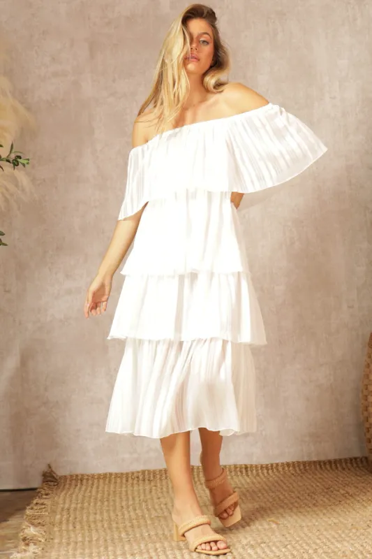 Ivory Striped Layered Midi Dress sold by Pinkblush