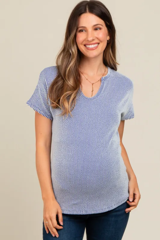 Royal Blue Ribbed Split Neckline Maternity Short Sleeve Top sold by Pinkblush