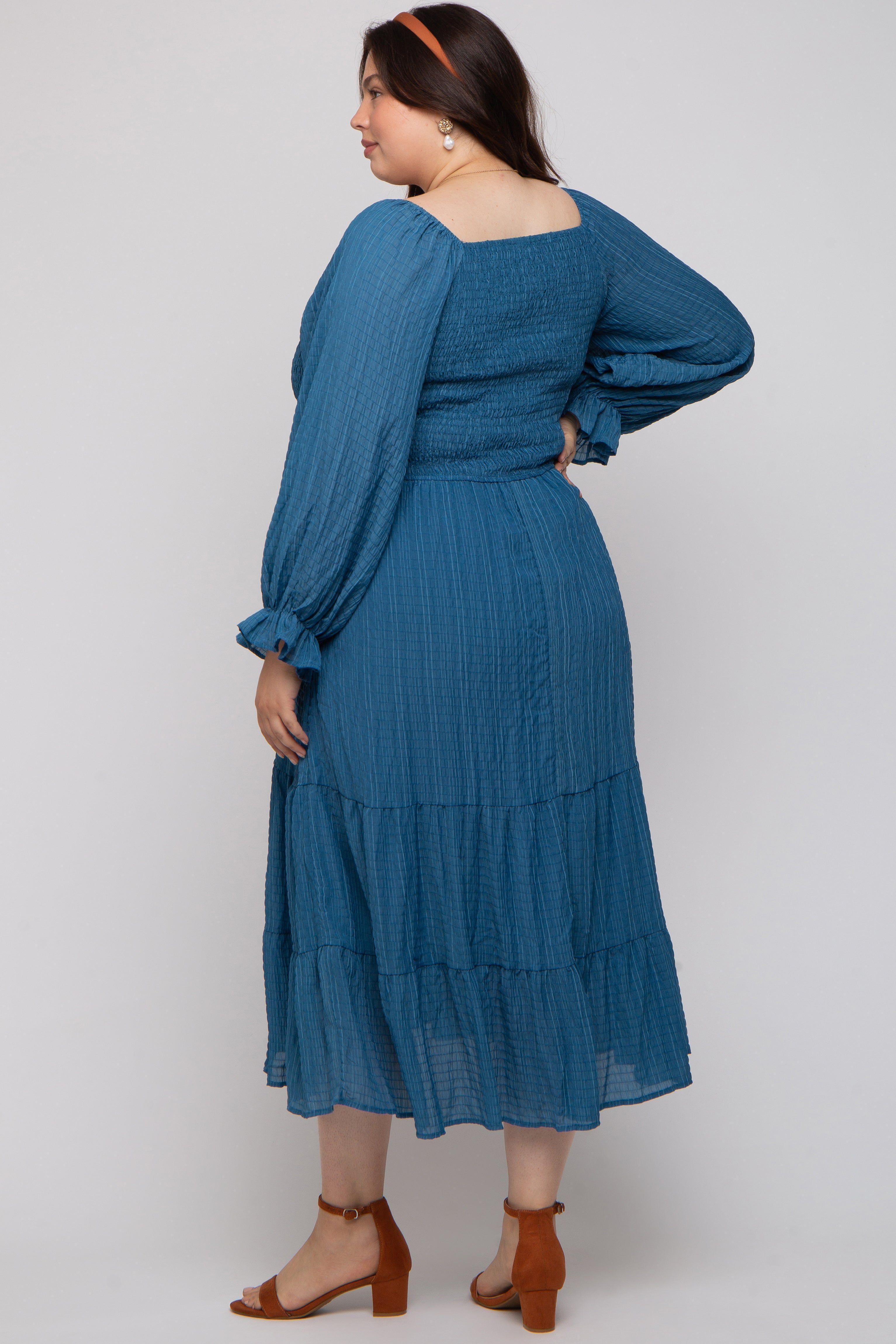 Blue Textured Stripe Smocked Square Neck Maternity Plus Midi Dress sold by Pinkblush product image thumbnail 3