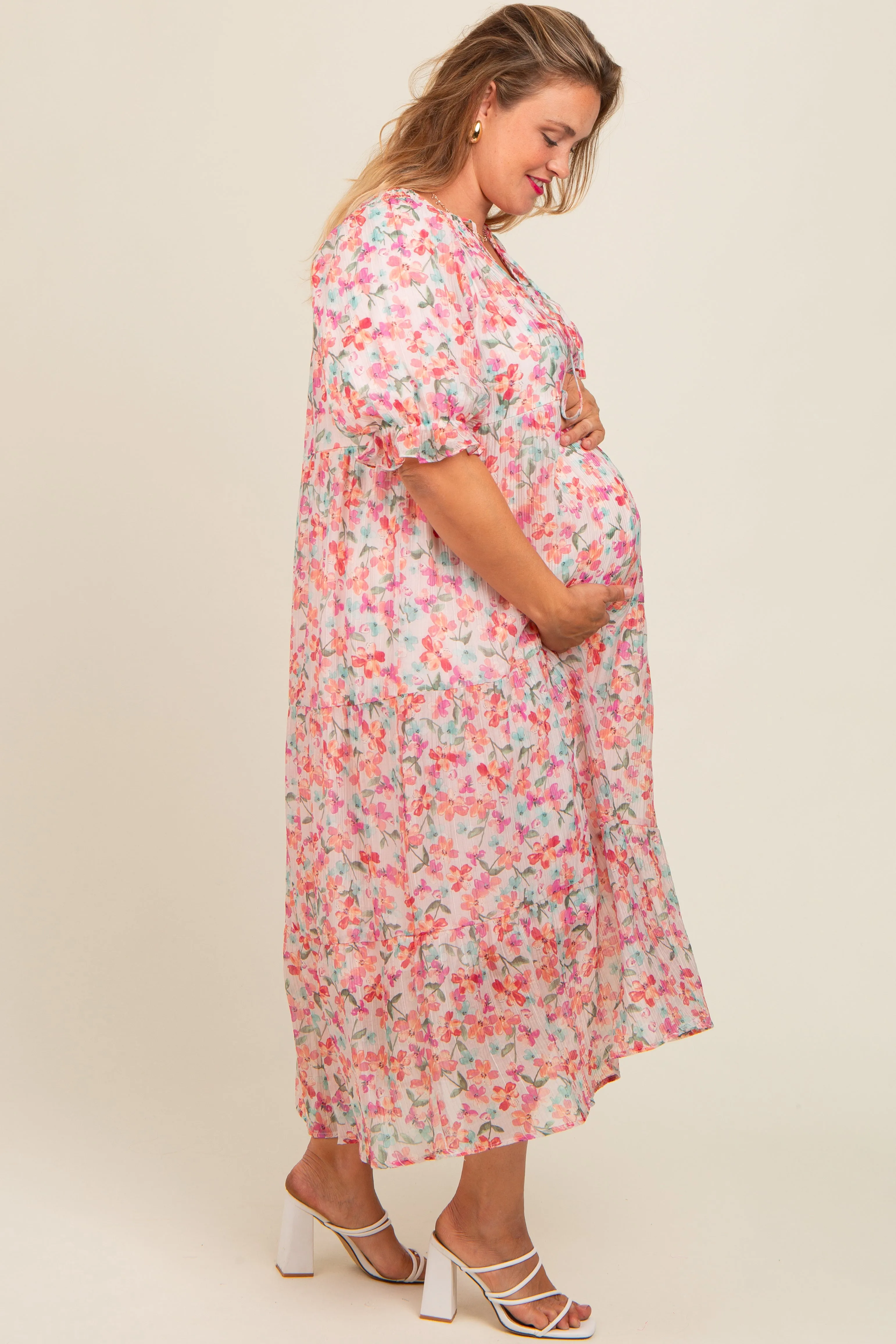 Light Pink Floral Front Tie Button Up Maternity Plus Maxi Dress sold by Pinkblush product image thumbnail 3