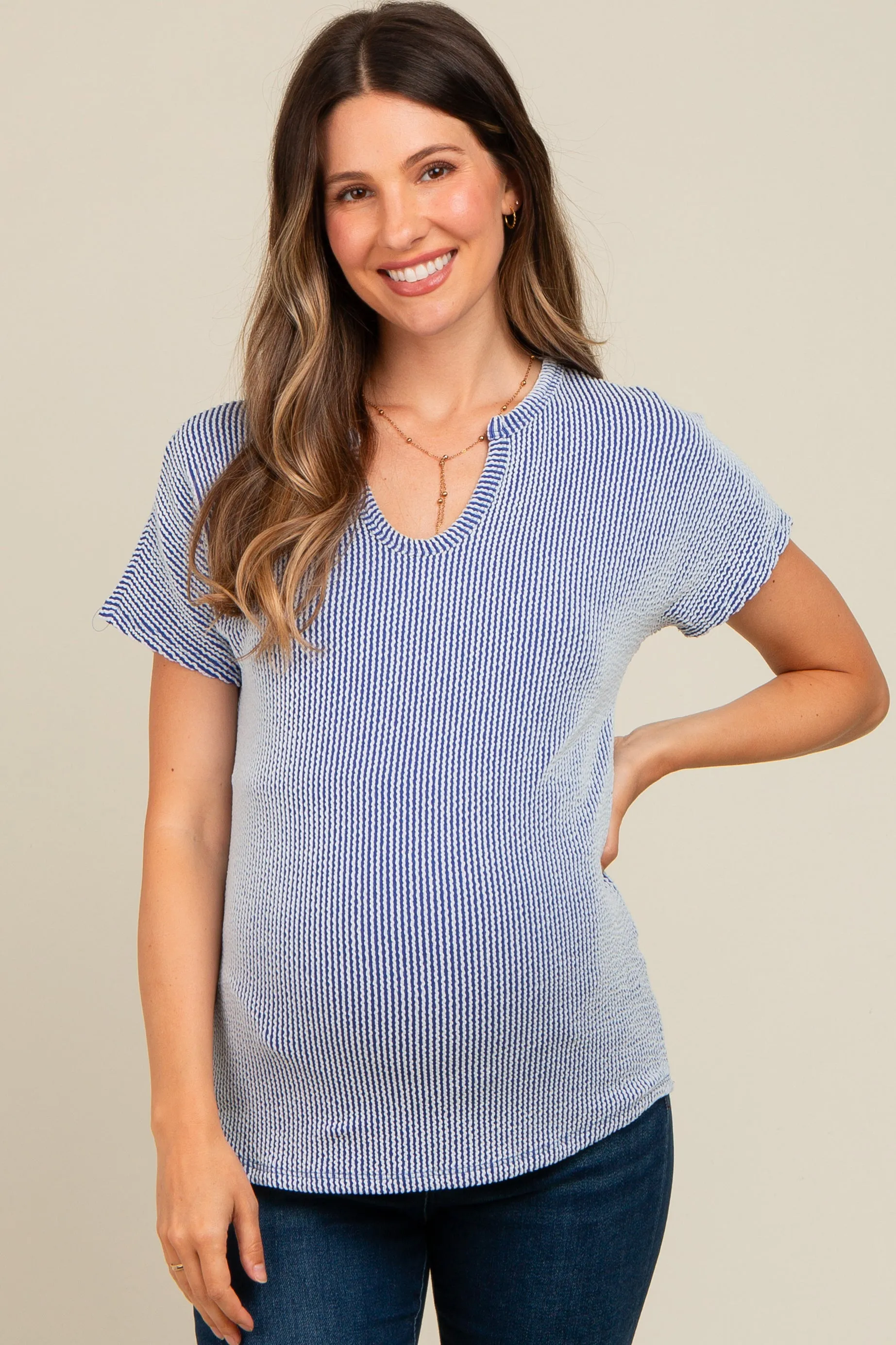 Royal Blue Ribbed Split Neckline Maternity Short Sleeve Top sold by Pinkblush product image thumbnail 2