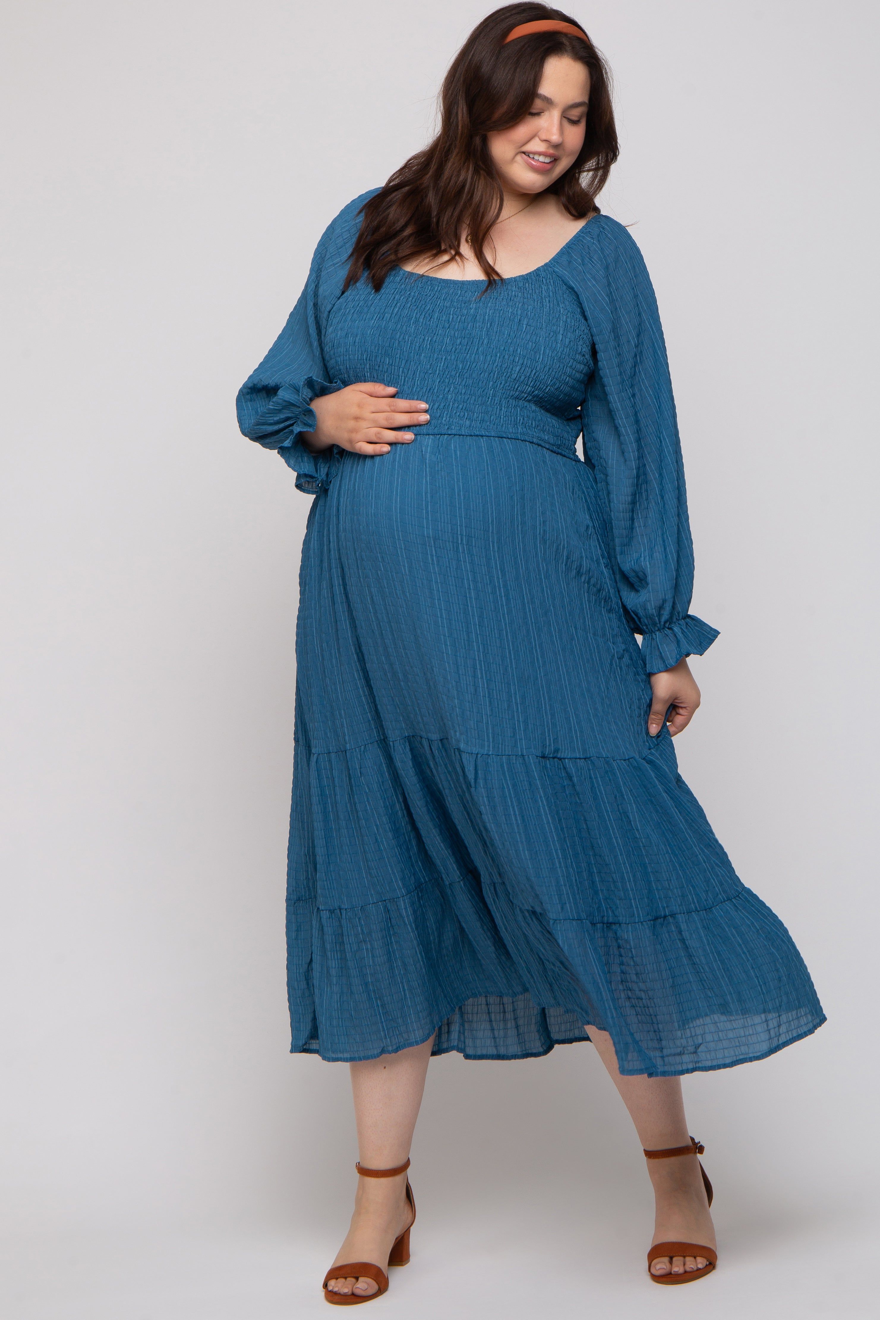 Blue Textured Stripe Smocked Square Neck Maternity Plus Midi Dress sold by Pinkblush product image thumbnail 4