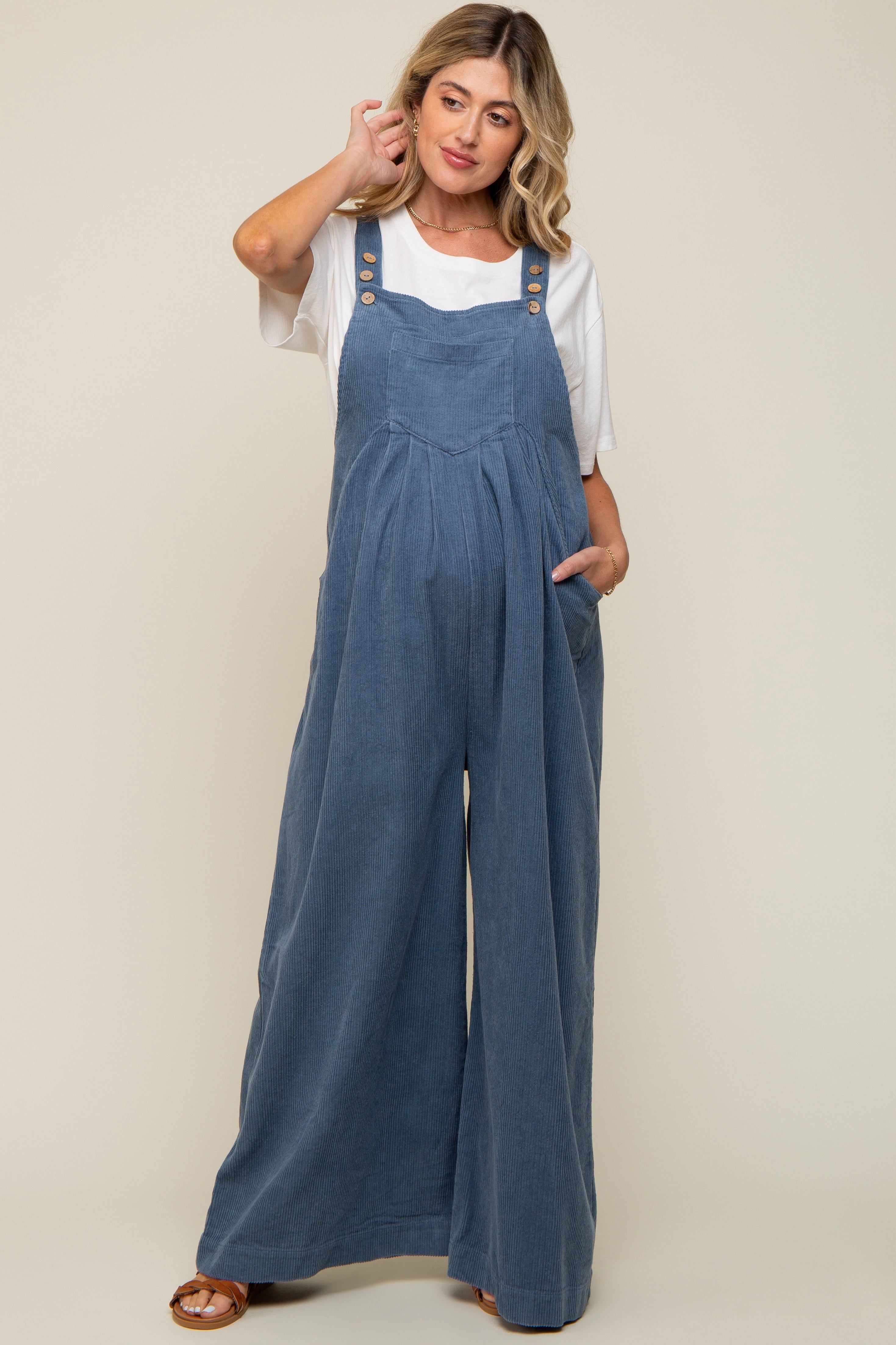 Blue Corduroy Front Pleated Wide Leg Maternity Overalls sold by Pinkblush product image thumbnail 4
