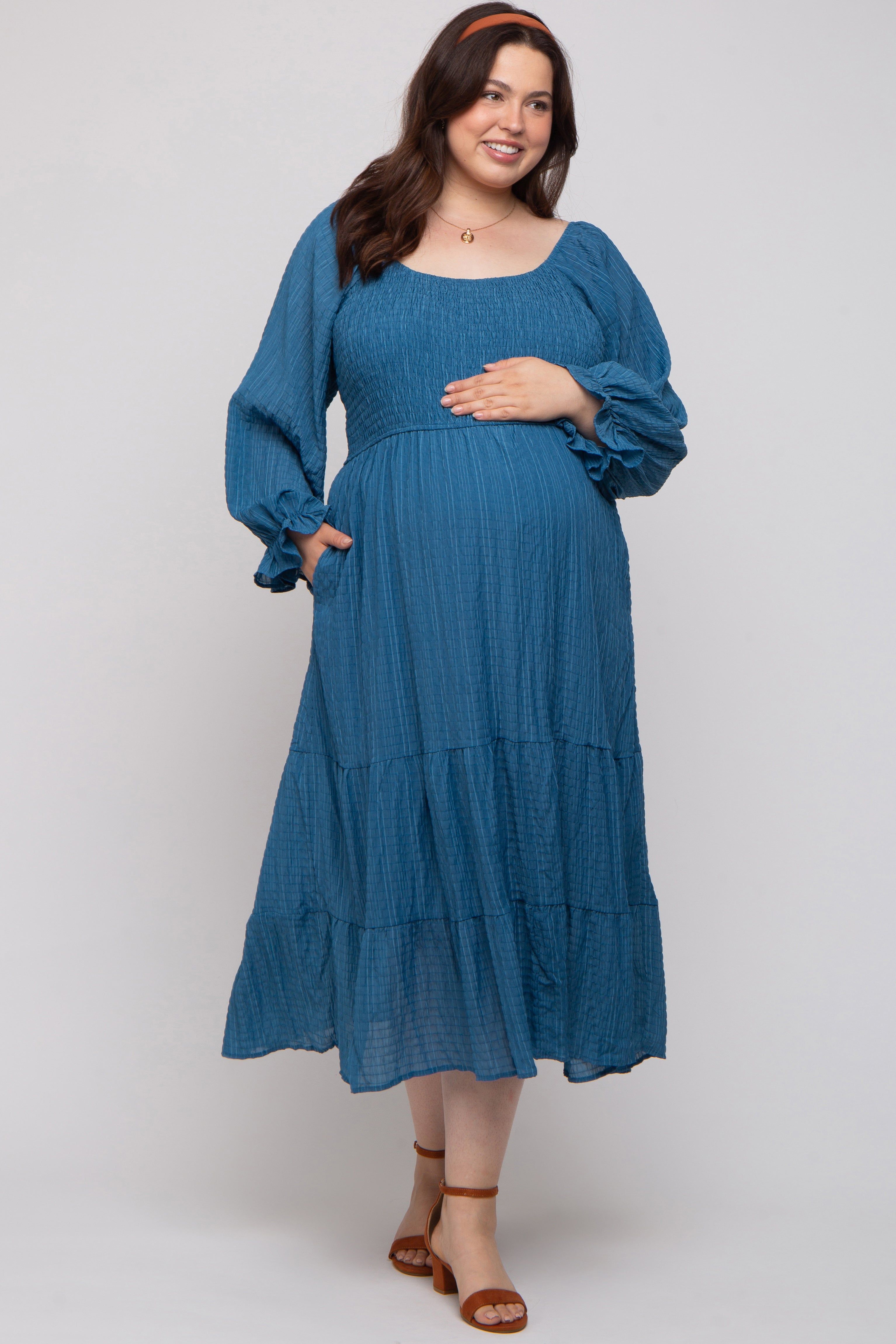 Blue Textured Stripe Smocked Square Neck Maternity Plus Midi Dress sold by Pinkblush