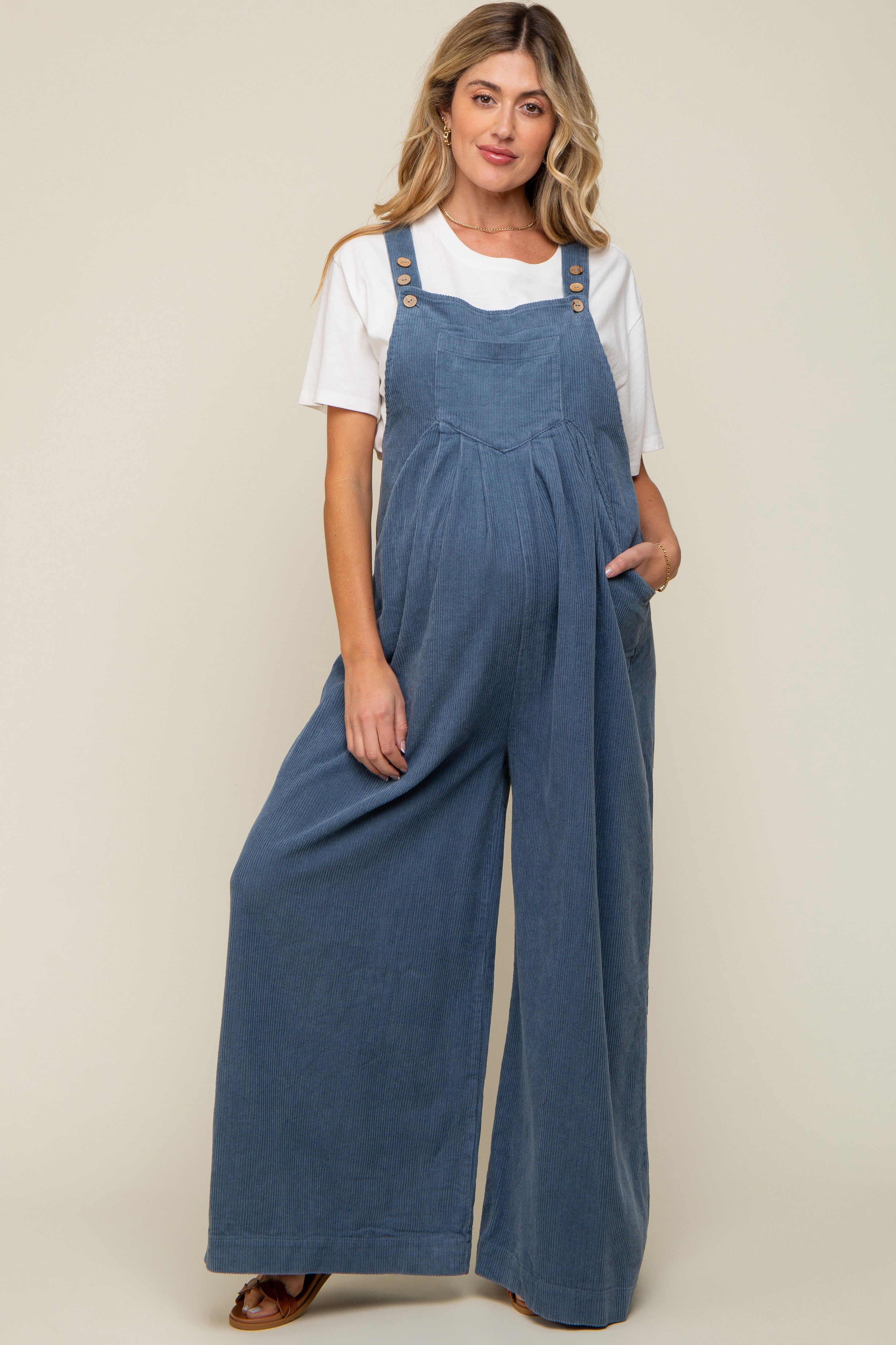 Blue Corduroy Front Pleated Wide Leg Maternity Overalls sold by Pinkblush