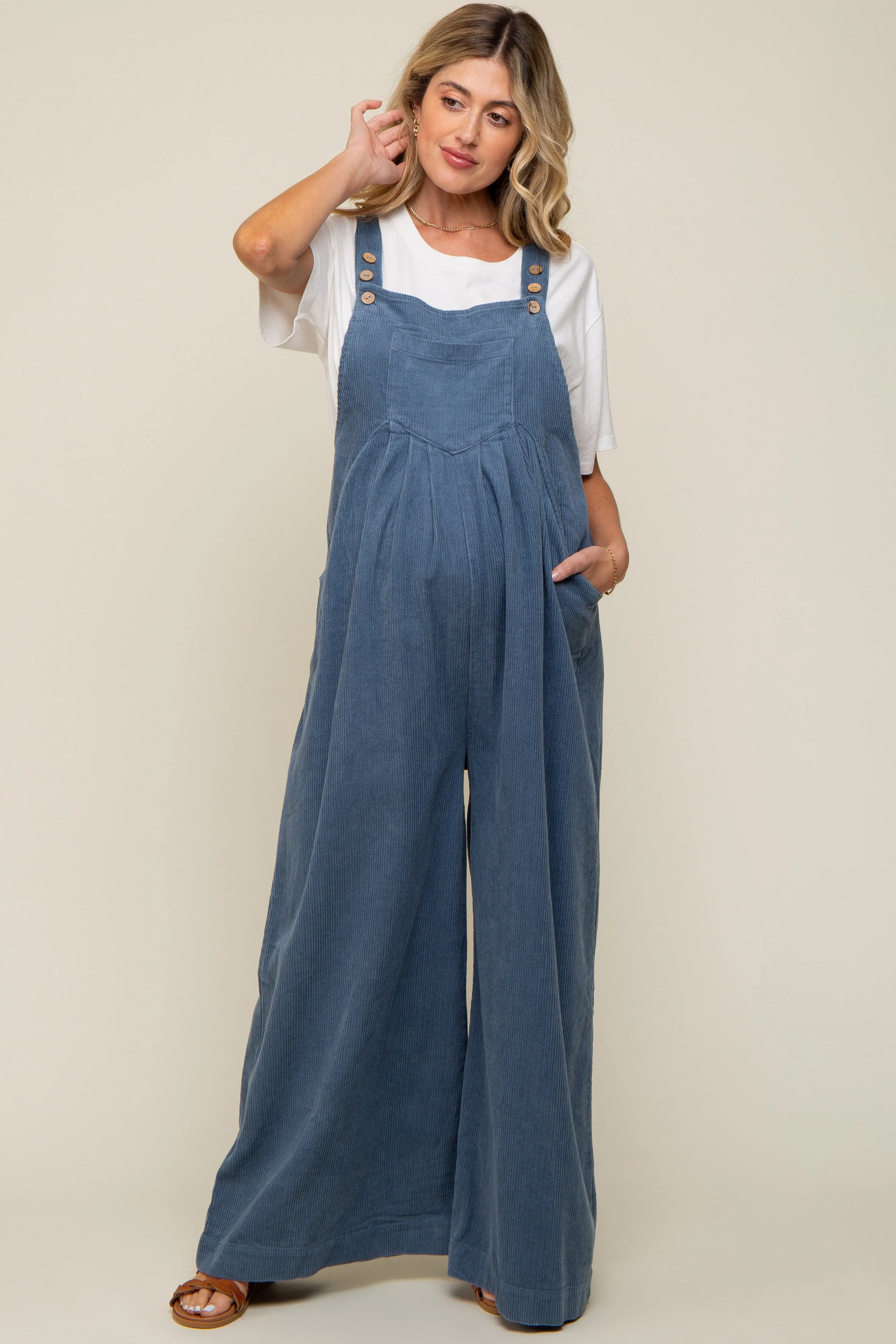 Blue Corduroy Front Pleated Wide Leg Maternity Overalls sold by Pinkblush product image thumbnail 4